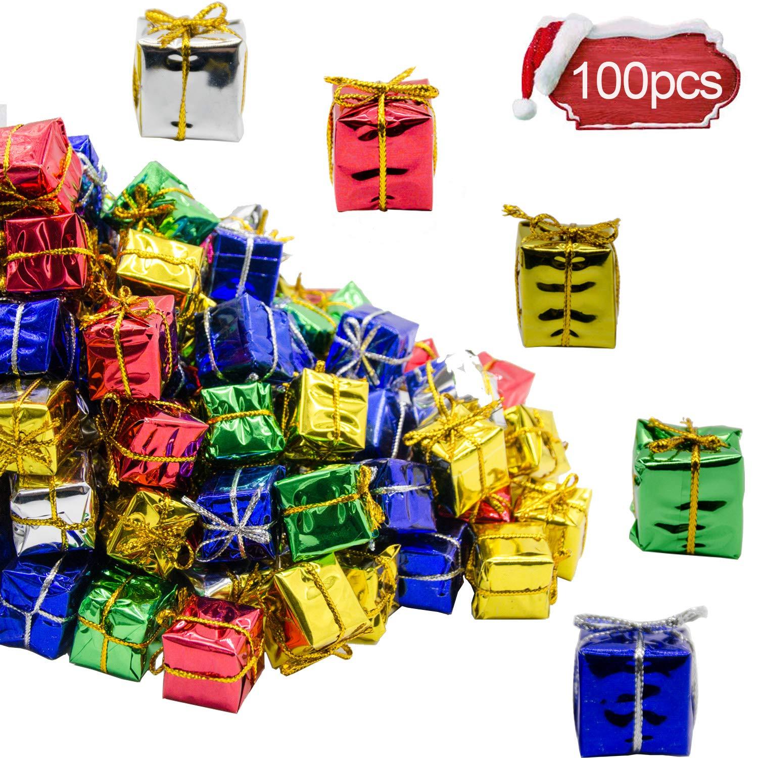 100 Pcs Christmas Shiny Mini Boxes Ornaments- Assorted Colors Metallic Foil Wrapped Ornaments Decoration Boxes for Christmas Tree Hanging Decorations