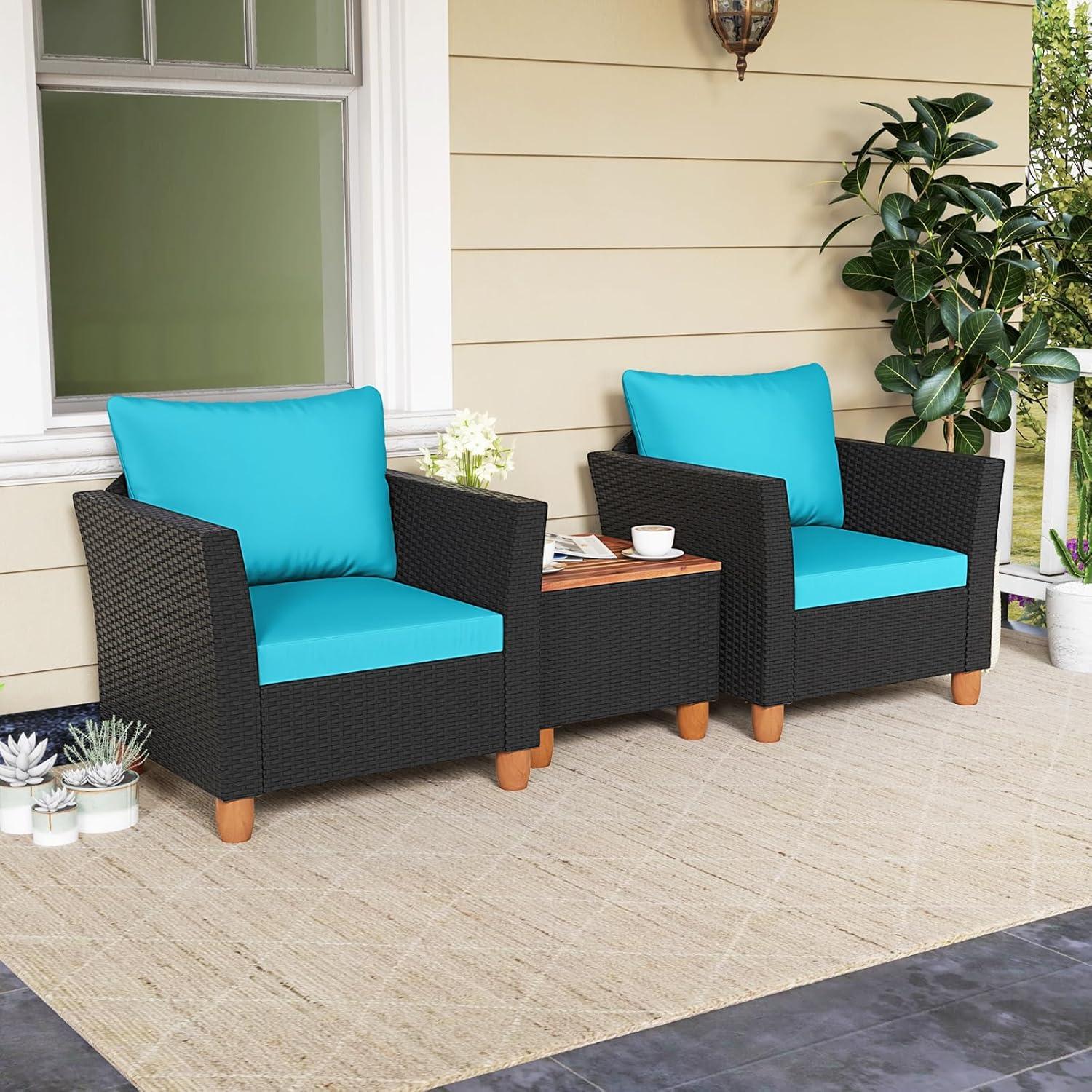 Tangkula 3PCS Patio Rattan Conversation Set Outdoor Furniture Set w/ Turquoise Cushions