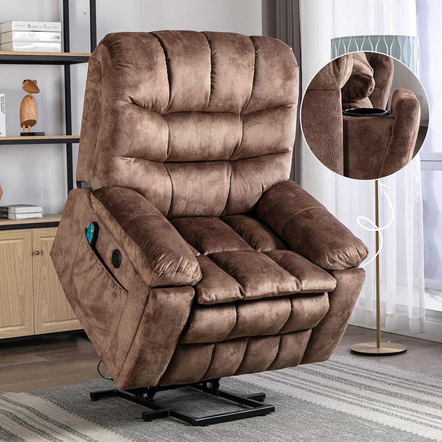 Phoenix Home Large Power Lift Recliner with Massage and Heat for Elderly, Heavy Duty & Safety Motion Reclining Mechanism, Ergonomic Electric Wider Chair with USB Port, 2 Hidden Cup Holders, Brown2