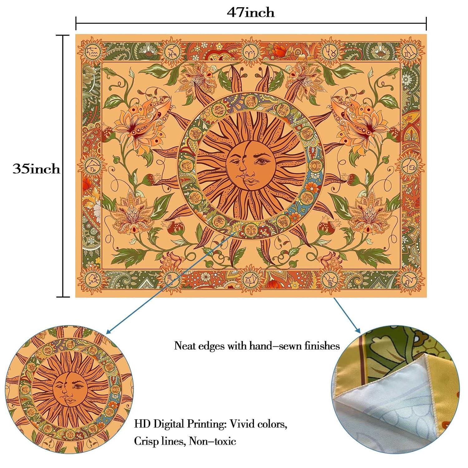 Yellow Sun and Moon Tapestry Vintage Indie Boho Tapestry Wall Hanging with Sunflowers Butterfly Moth Constellation Aesthetic Wall Tapestries for Room Decor (35''high × 47''wide)