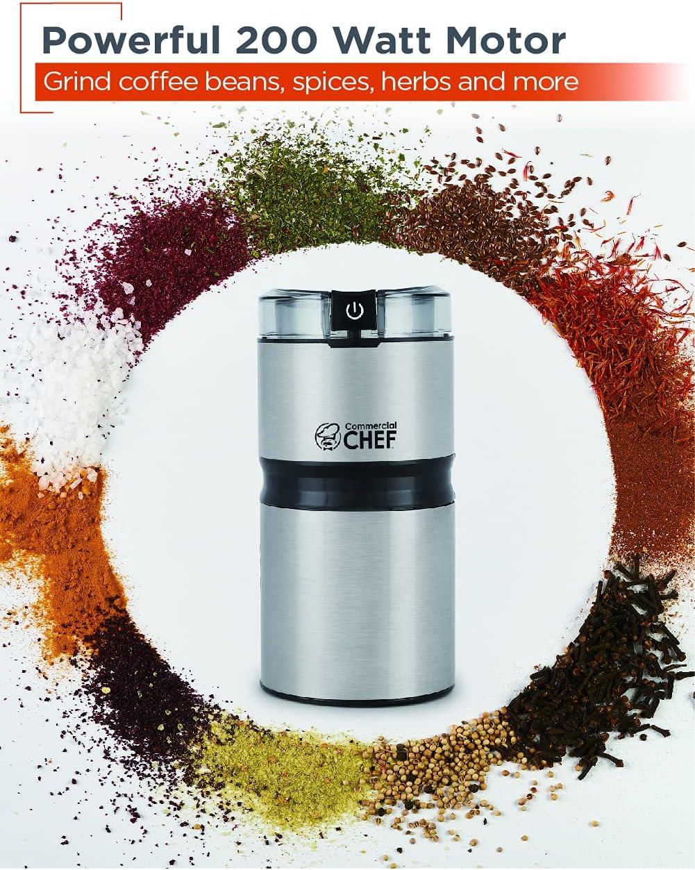 Commercial Chef Electric Coffee Grinder, Brushed Stainless Steel Texture and Transparent Lid