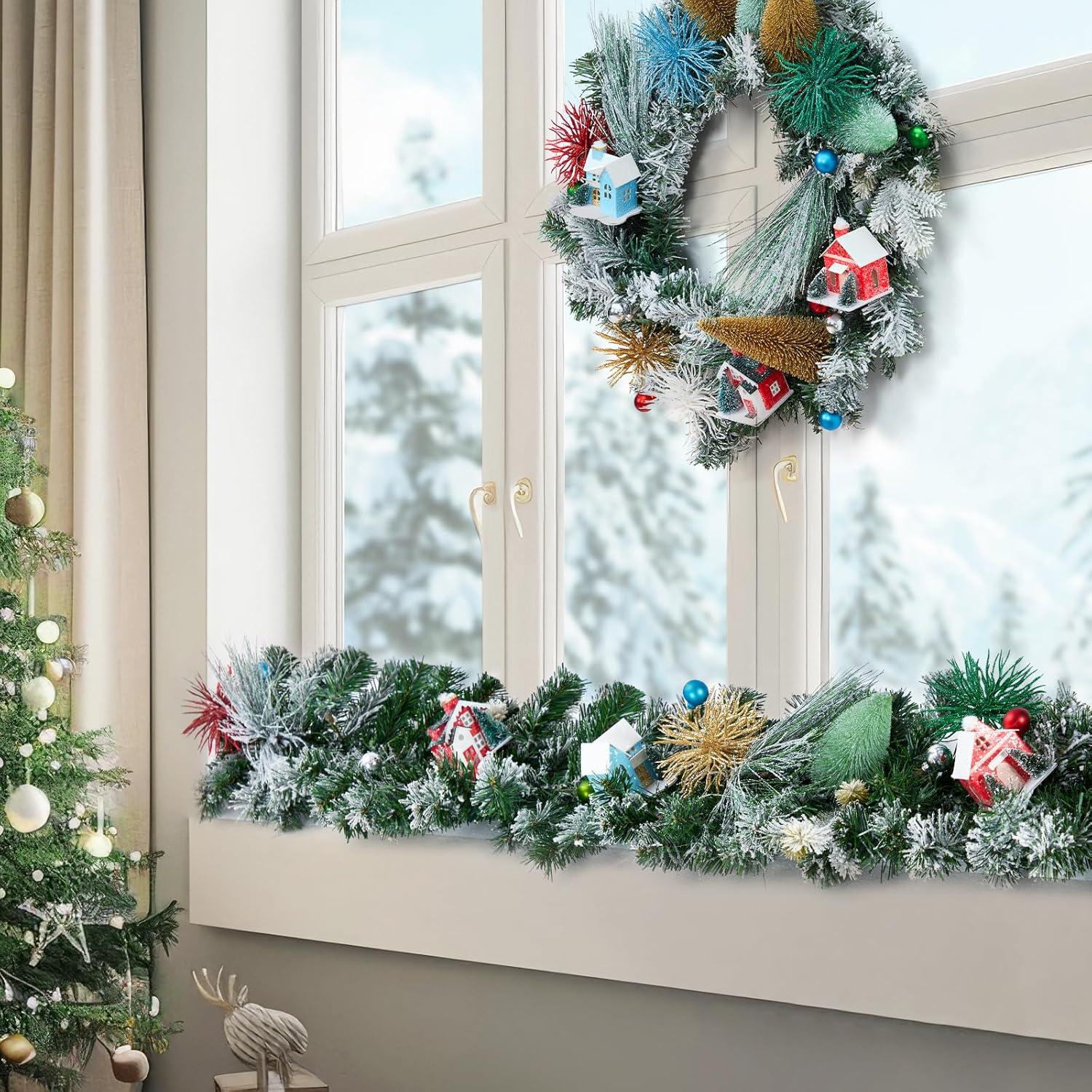 24 Inch Christmas Wreaths for Front Door, Xmas Village Wreath with Tree and Little House Decorations