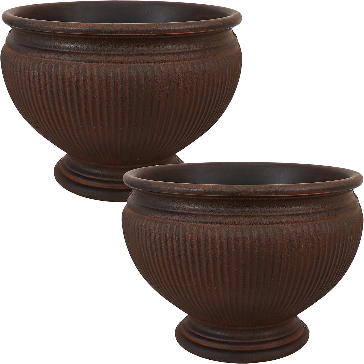 Elizabeth Rust Polyresin Ribbed Urn Planter Set of 2