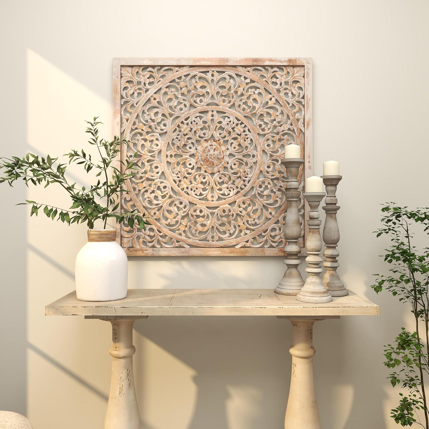 DecMode Brown Wood Handmade Intricately Carved Floral Wall Decor with Mandala Design