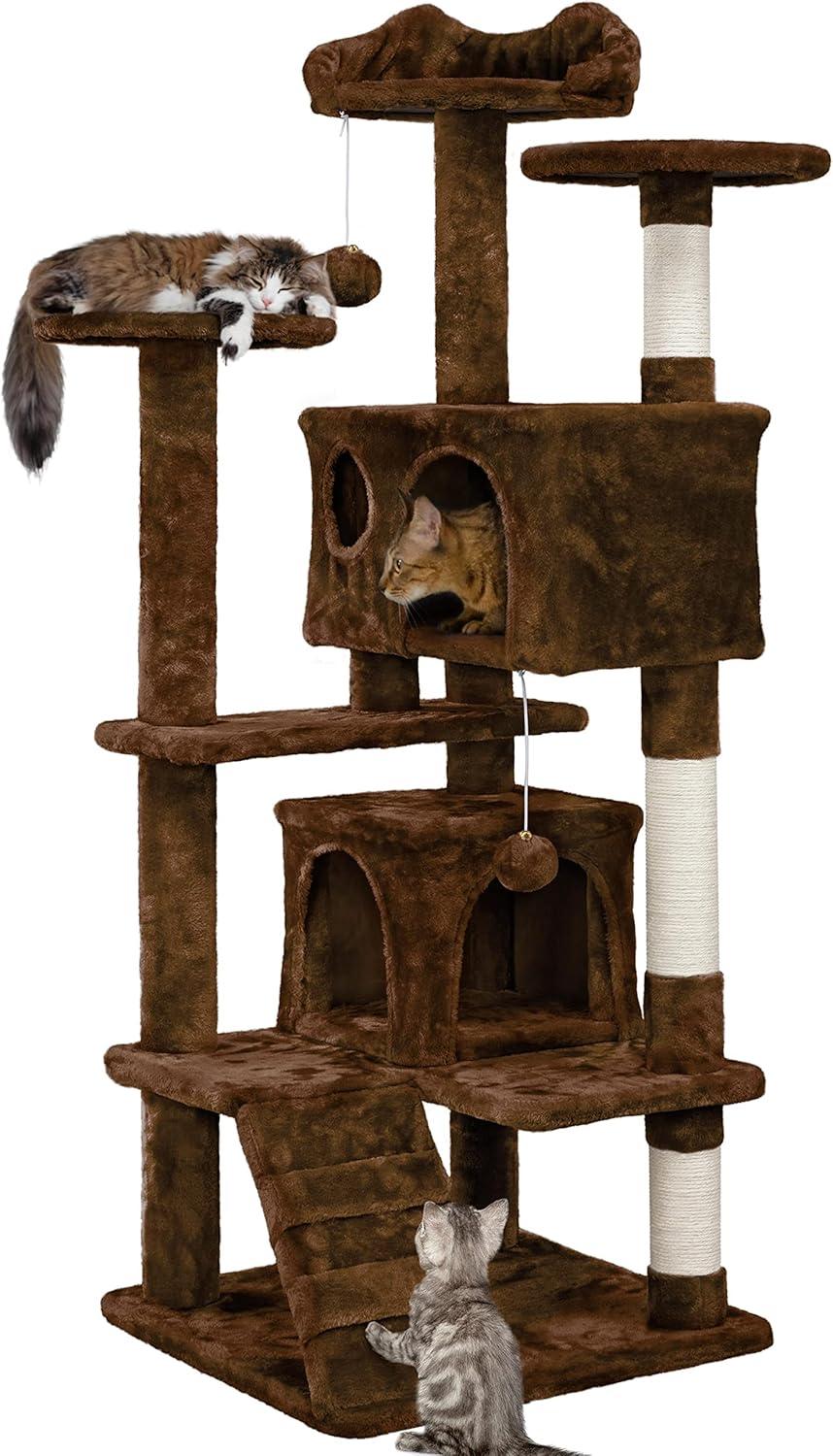 54" Cat Tree, Cat Tower Condo with Scratching Post and Ladder, Pet Furniture with Hanging Ball and Platforms for Indoor, Home