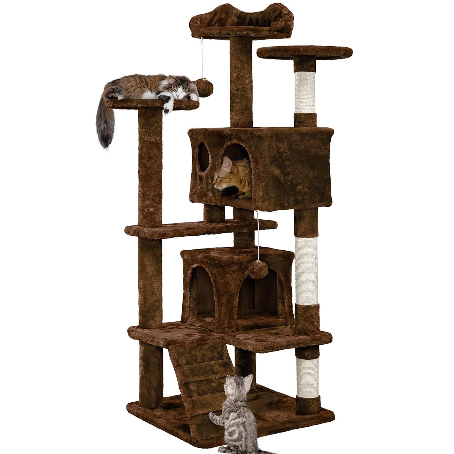 54" Cat Tree, Cat Tower Condo with Scratching Post and Ladder, Pet Furniture with Hanging Ball and Platforms for Indoor, Home