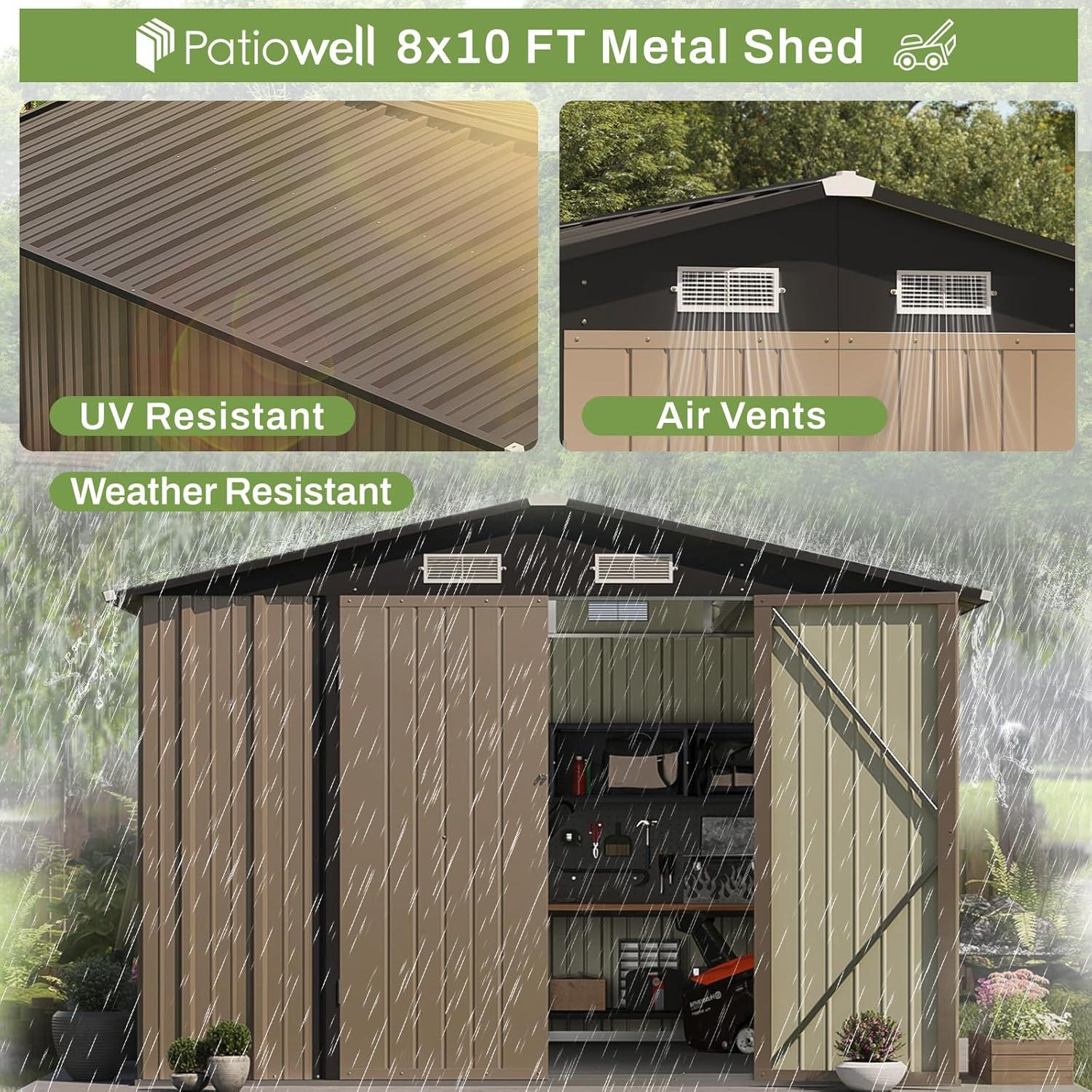 Patiowell 8' x 10' Outdoor Storage Shed,  Large Garden Tool Metal Shed with Sloping Roof and Double Lockable Door, Outdoor Shed for Backyard Garden Patio Lawn, Brown