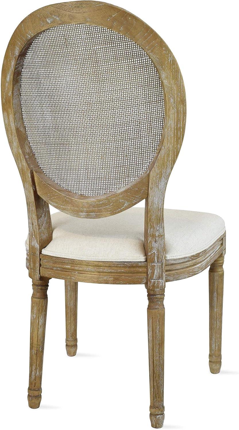 2xhome - French Chic Vintage Style Dining Side Chair With Upholstered Linen Welted Fabric And Elegant Natural Rustic Wood Frame - Rattan Wicker Oval Back, Set of 1, 1 piece