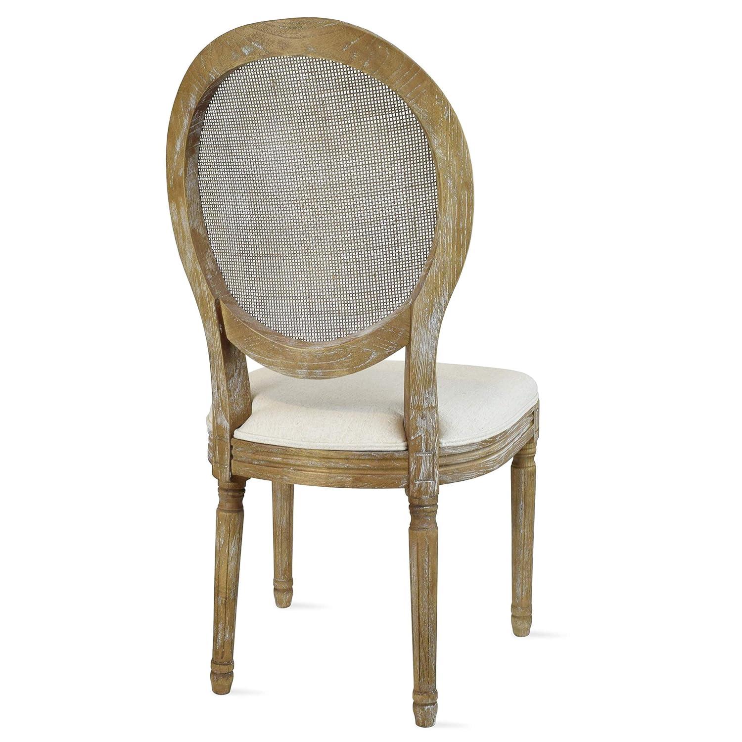 2xhome - French Chic Vintage Style Dining Side Chair With Upholstered Linen Welted Fabric And Elegant Natural Rustic Wood Frame - Rattan Wicker Oval Back, Set of 1, 1 piece