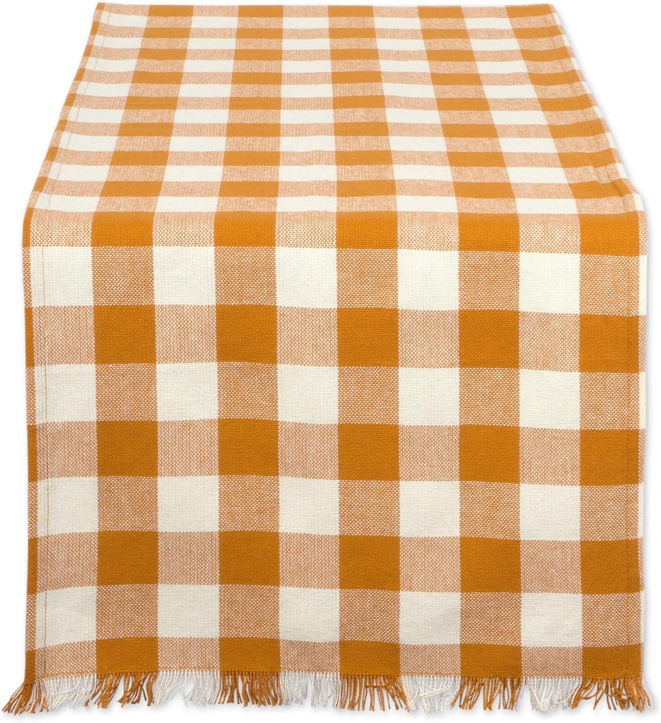 Pumpkin Spice Checkered Cotton Table Runner with Fringe 14x108