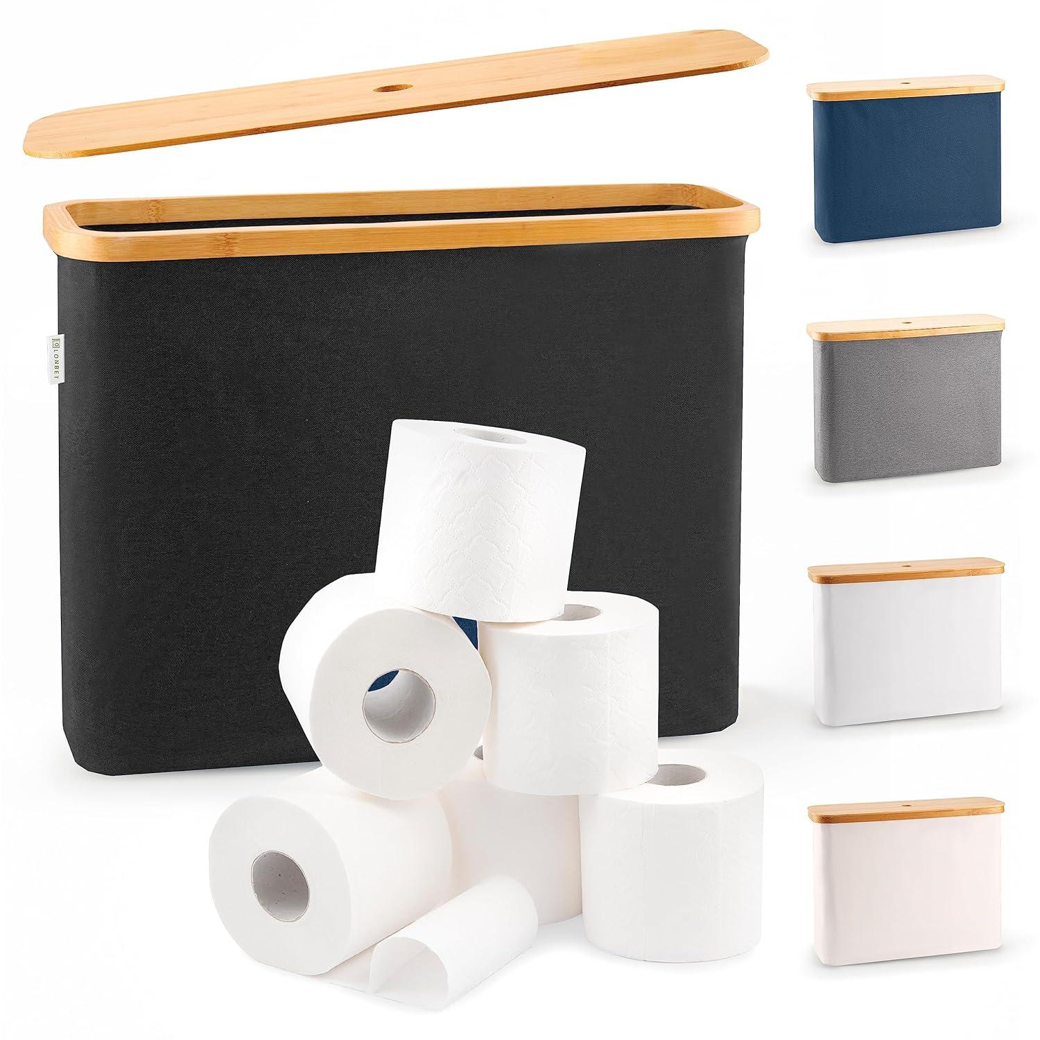 LONBET Toilet Paper Storage for 12 Rolls, Stackable & Foldable - The Ultimate Bathroom Organizer - Waterproof Basket with Bamboo Lid - Elegant Toilet Paper Storage Holder, Black