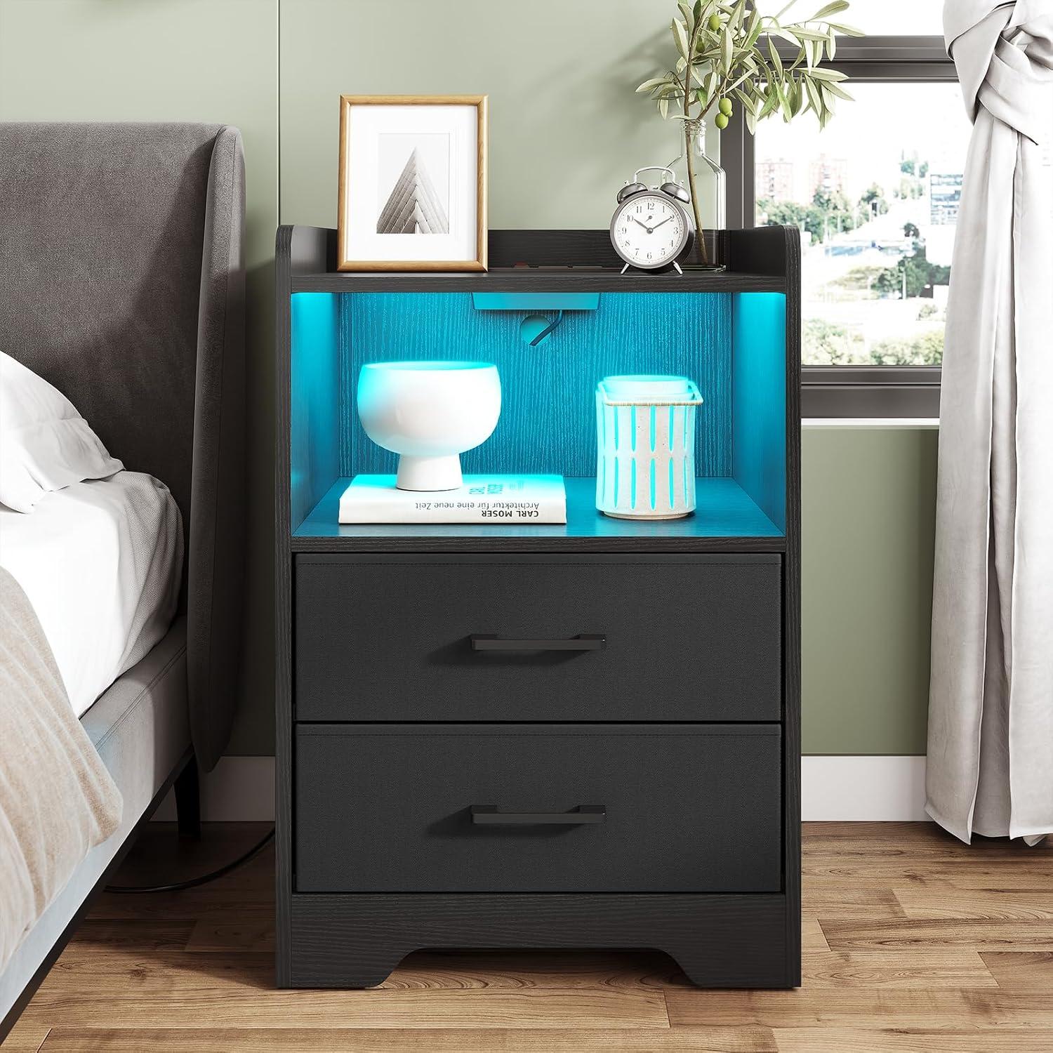 Black Nightstand Set of 2 with Outlets&USB Ports&LED Lights Modern Bedside Table Storage Cabinet with 2 Fabric Drawers for Bedroom