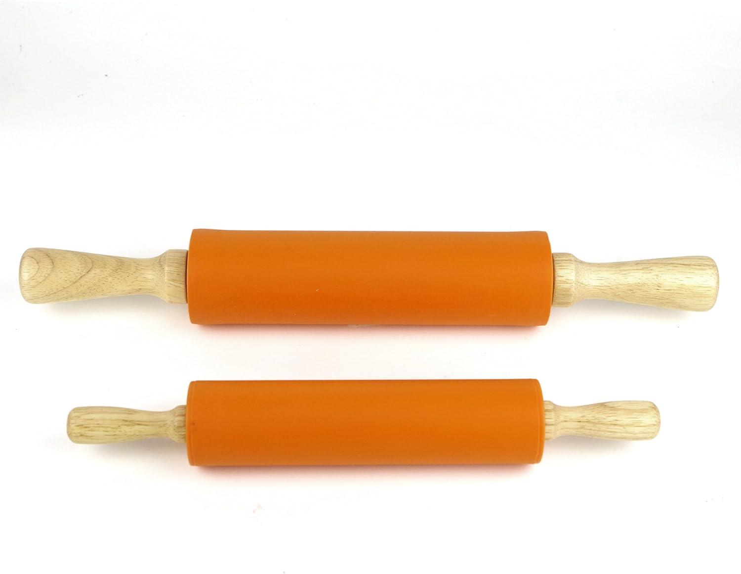 Compact Orange Silicone Rolling Pin with Wooden Handles