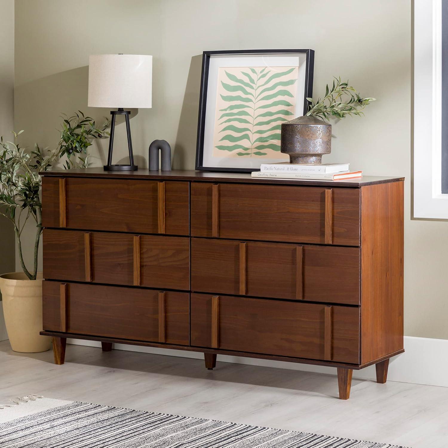 Saracina Home Modern Vertical Accent Solid Wood 6 Drawer Double Dresser Walnut