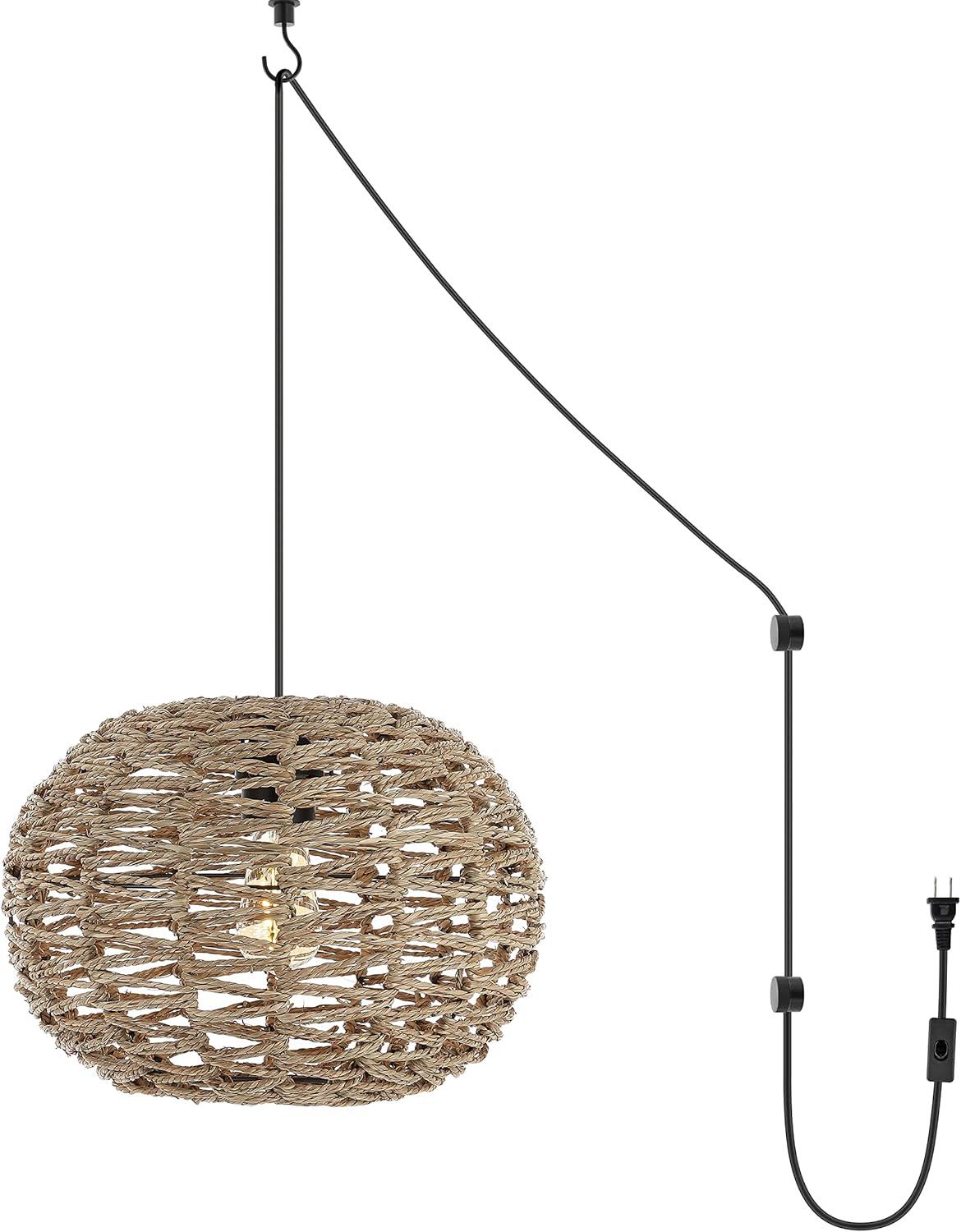 Isla Farmhouse 14" Brown Rattan LED Pendant with Adjustable Cord