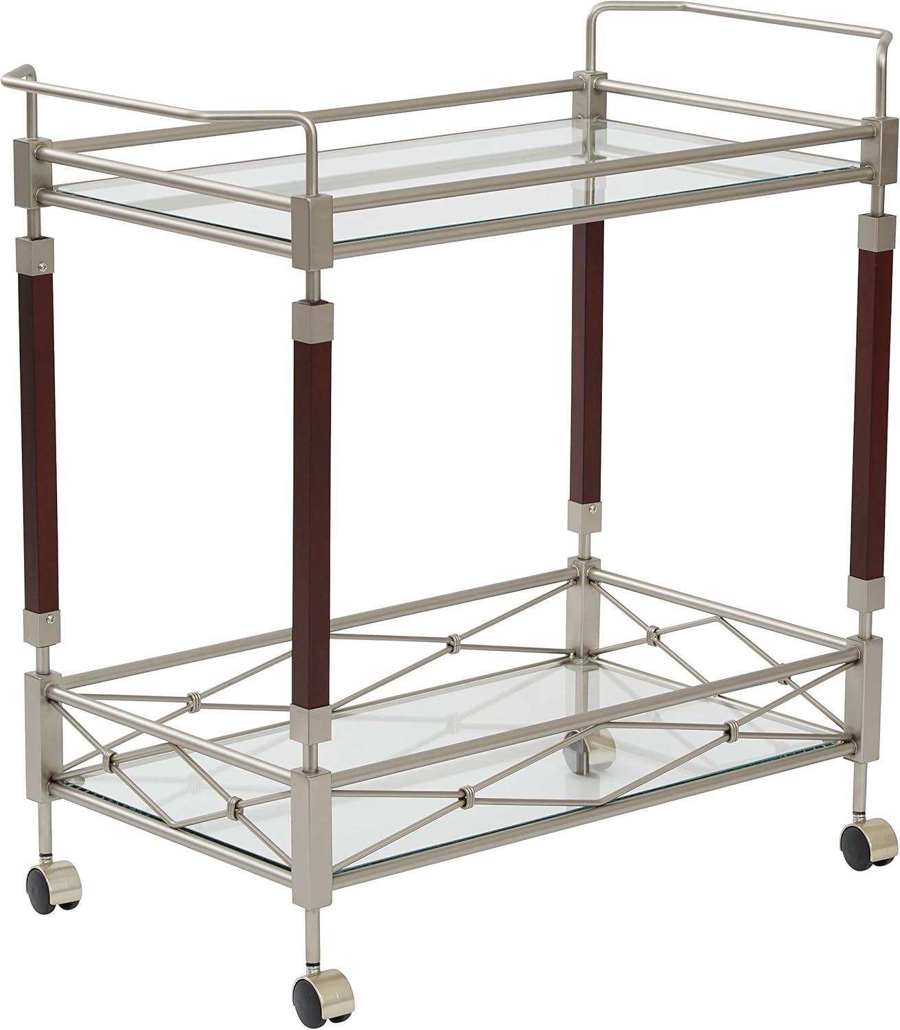 Melrose Serving Cart with Clear Tempered Glass and Nickel Brush Metal Frame