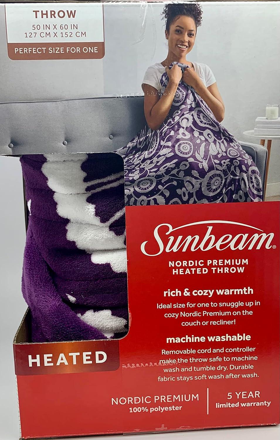 Sunbeam Nordic Premium Electric Heated Throw Blanket with 4 Heat Settings Controller, 4-Hour Auto Shut-Off, Overheat Protection UL Certified (50" x 60") (Purple Floral)