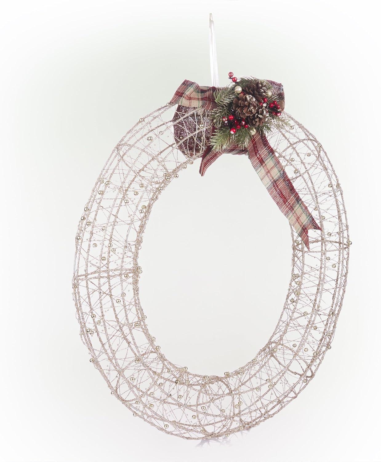 Hanging Christmas Wreath Decoration with Warm White LED Lights, Gold