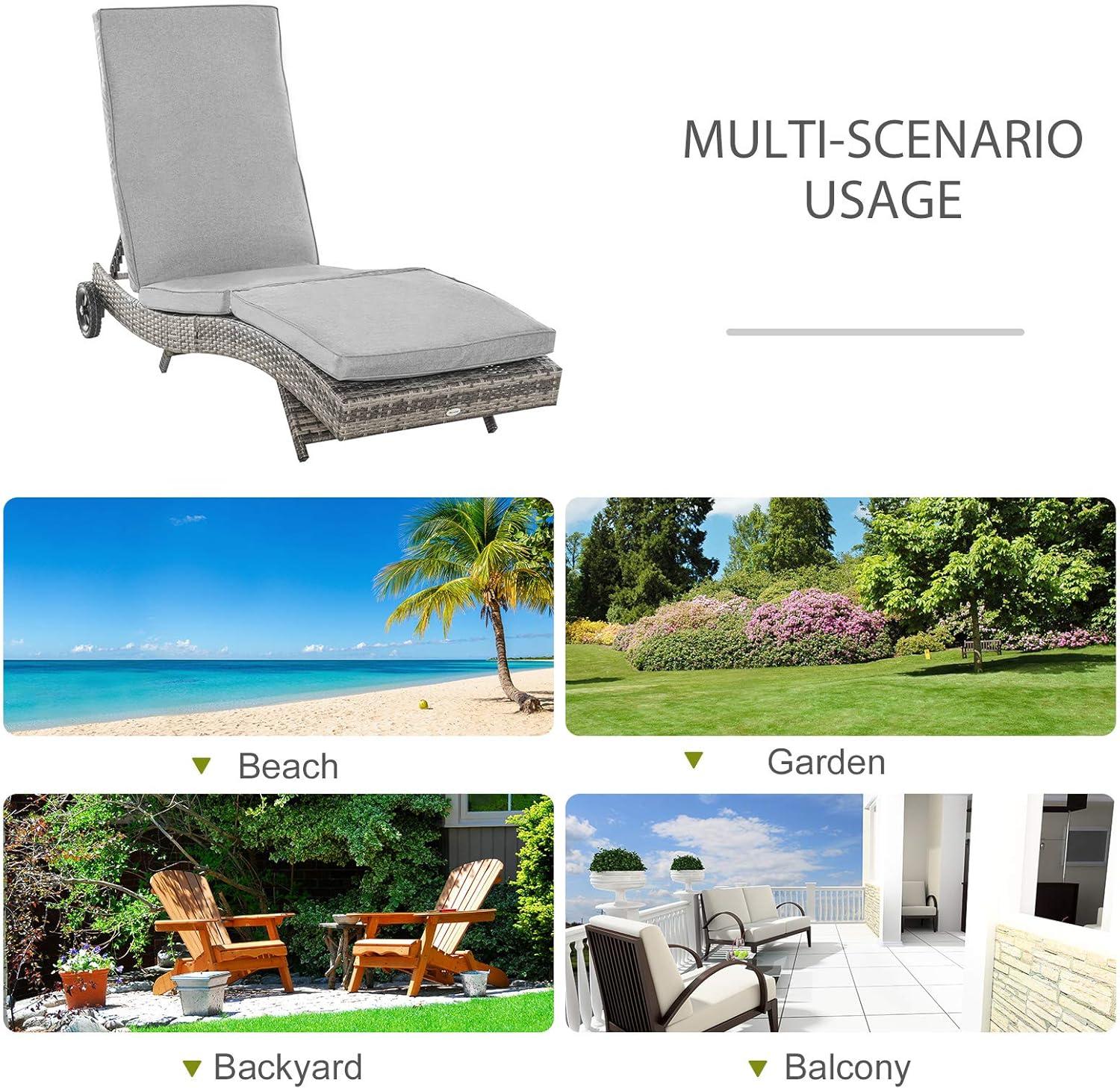 Outsunny Patio Wicker Chaise Lounge Chair, Outdoor PE Rattan Sun lounger w/ 5-Level Adjustable Backrest & 2 Wheels for Easy Movement, Mixed Gray