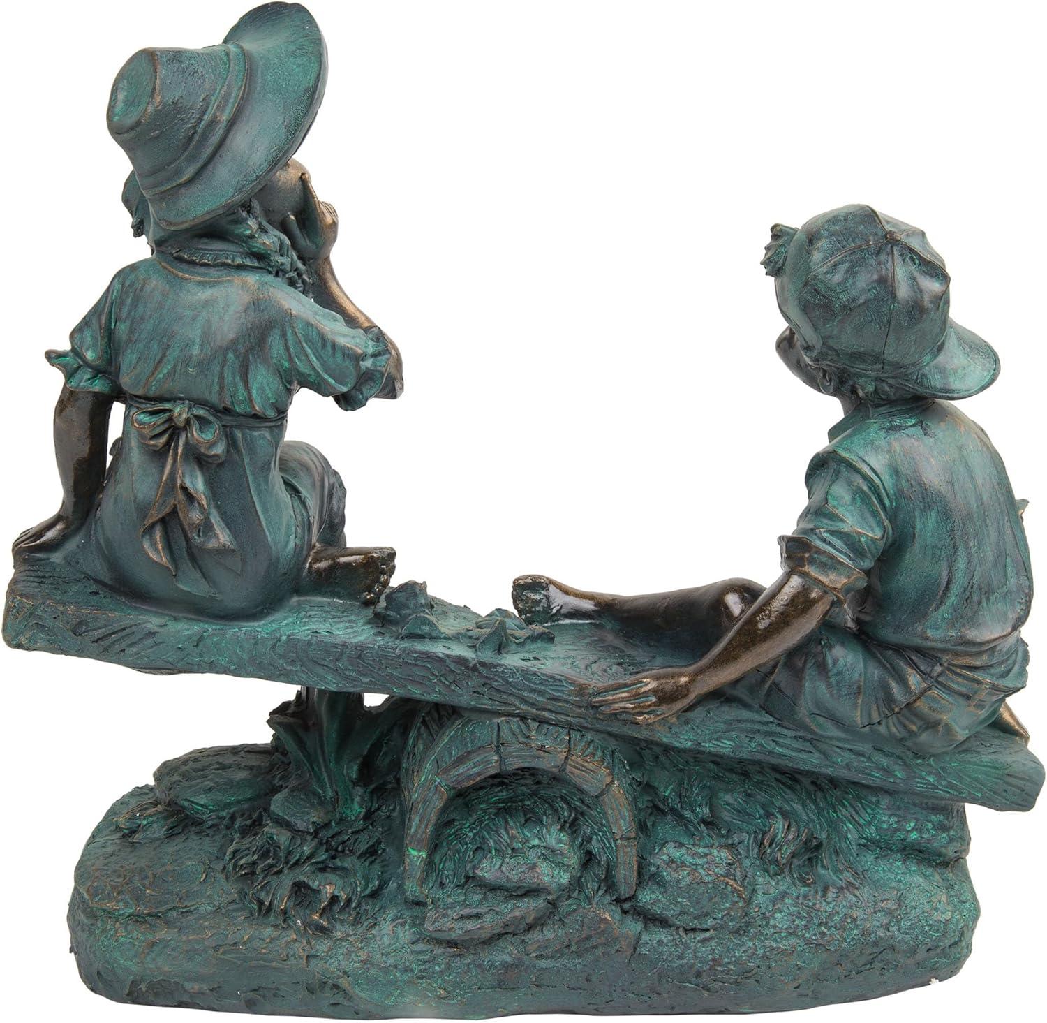 14" Indoor/Outdoor Girl and Boy Playing on Teeter Totter Statue Yard Décor Bronze - Alpine Corporation