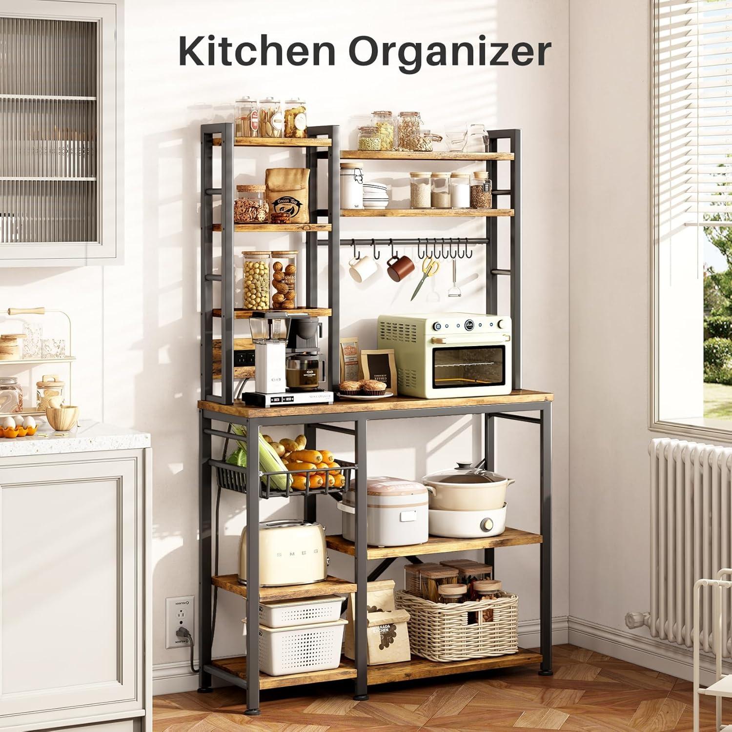 Rustic Brown and Black Adjustable Kitchen Baker's Rack with Power Outlet