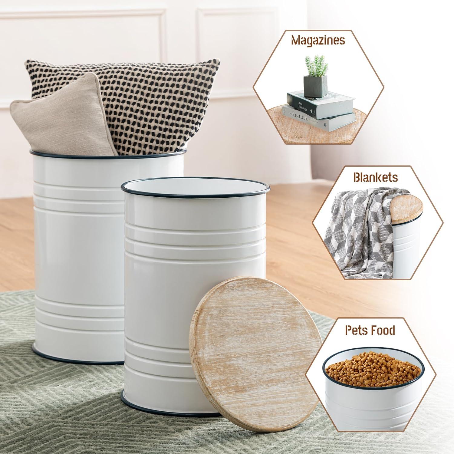 White Metal and Wood Farmhouse Storage Accent Stools, Set of 2