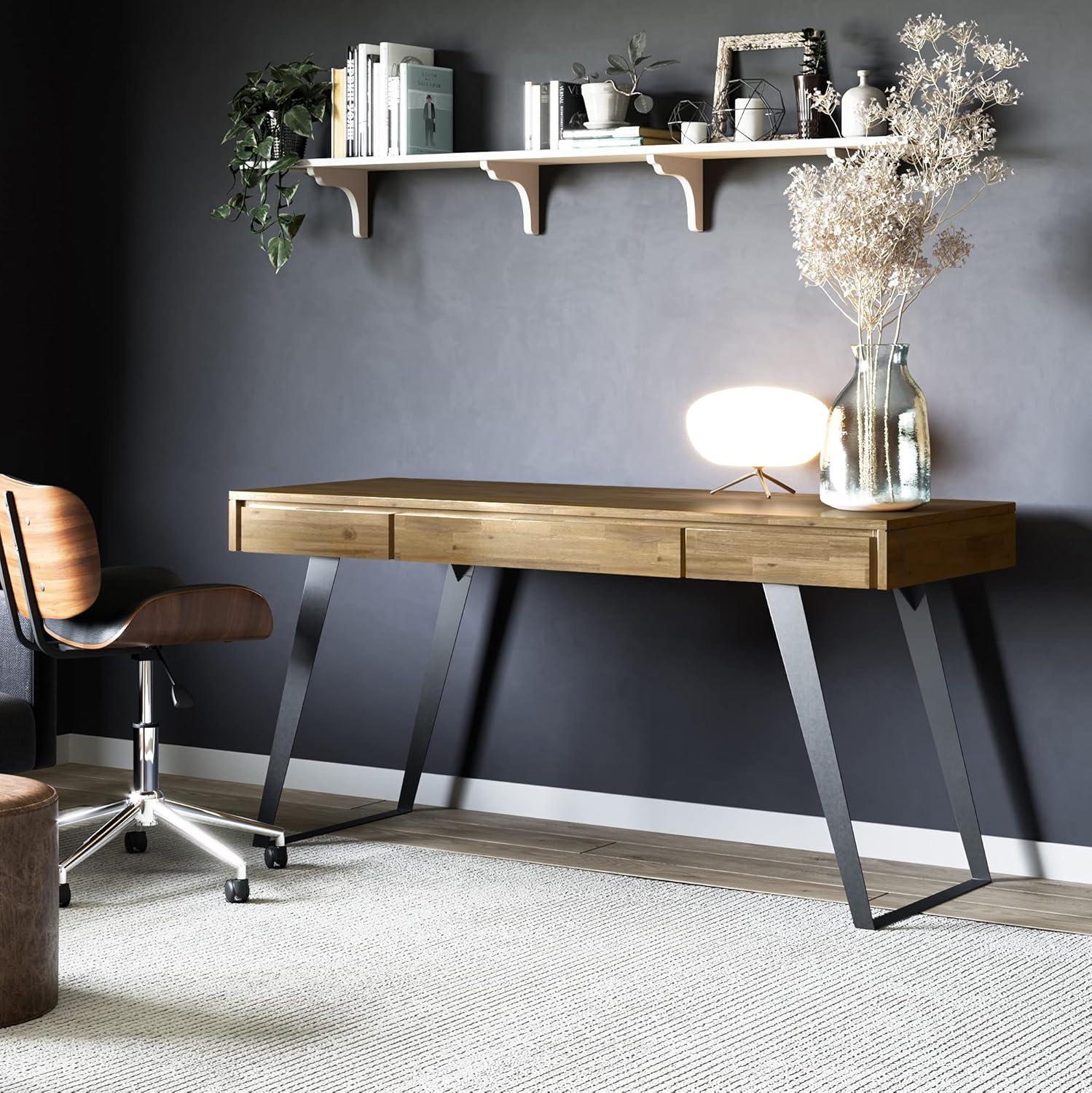 Simpli Home Lowry Solid Acacia Wood Desk, Industrial Style with Keyboard Tray and 2 Drawers