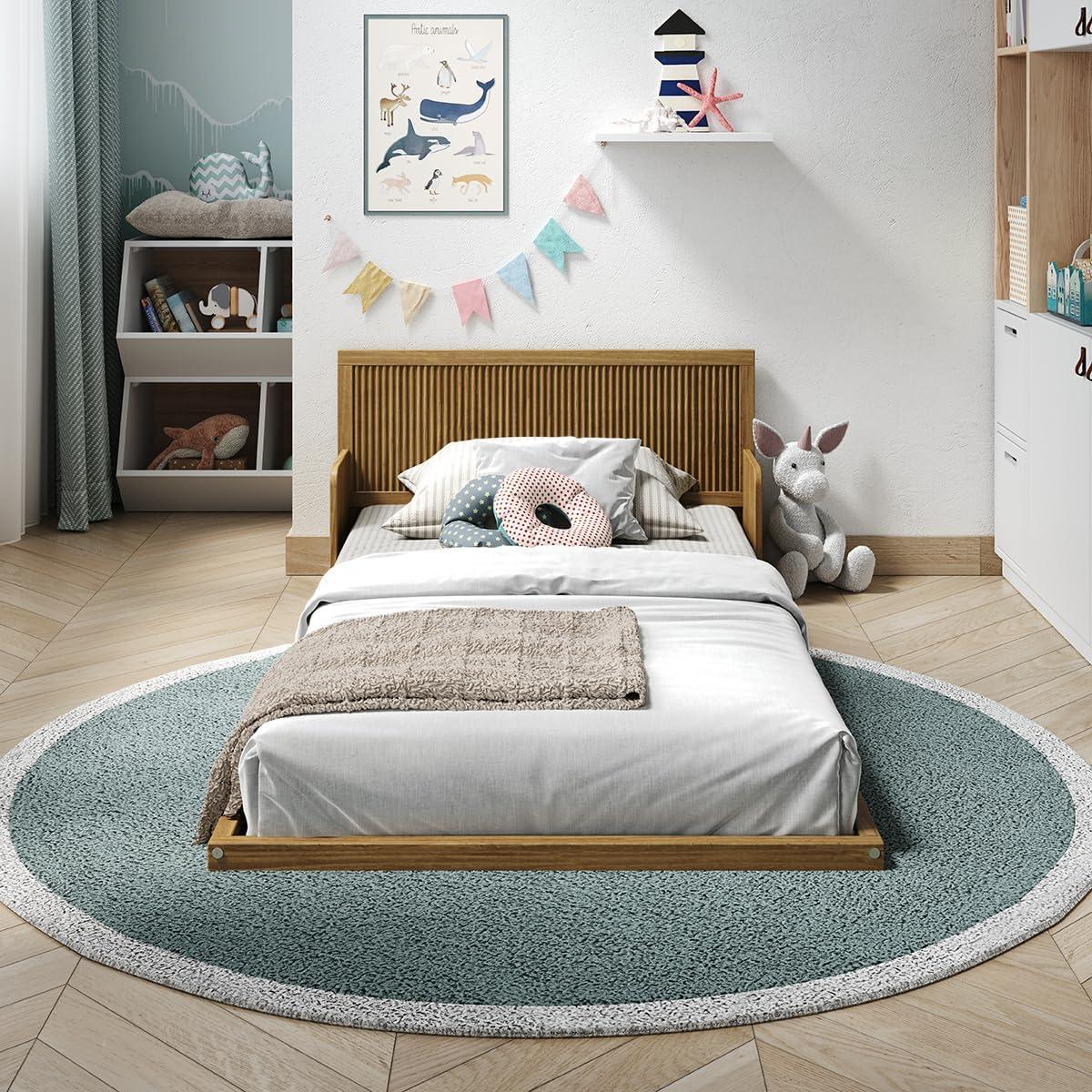 Natural Oak Twin Pine Wood Floor Bed with Headboard