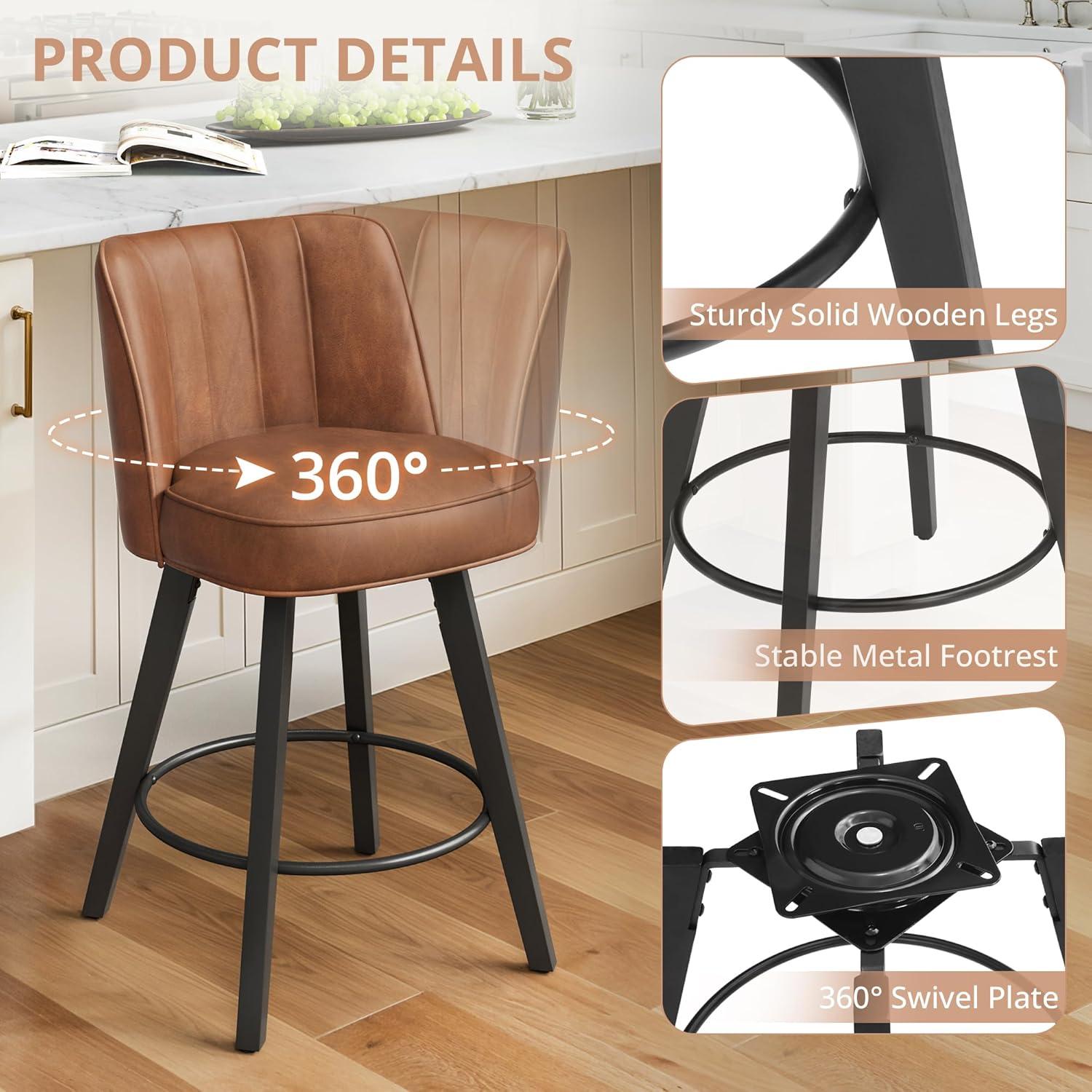 LUE BONA 360-degree Swivel Bar Stools Set of 3, 26" Counter Height Bar Stools with High Back and Wood Legs, Morden Faux Leather Upholstered Barstools for Kitchen Counter