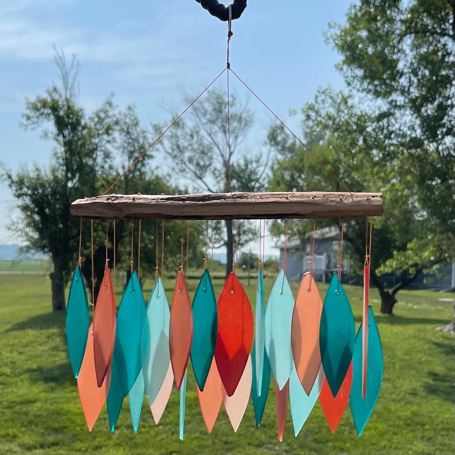 Blue Handworks Wind Chimes Coral and Teal Glass Wind Chime Garden Decor