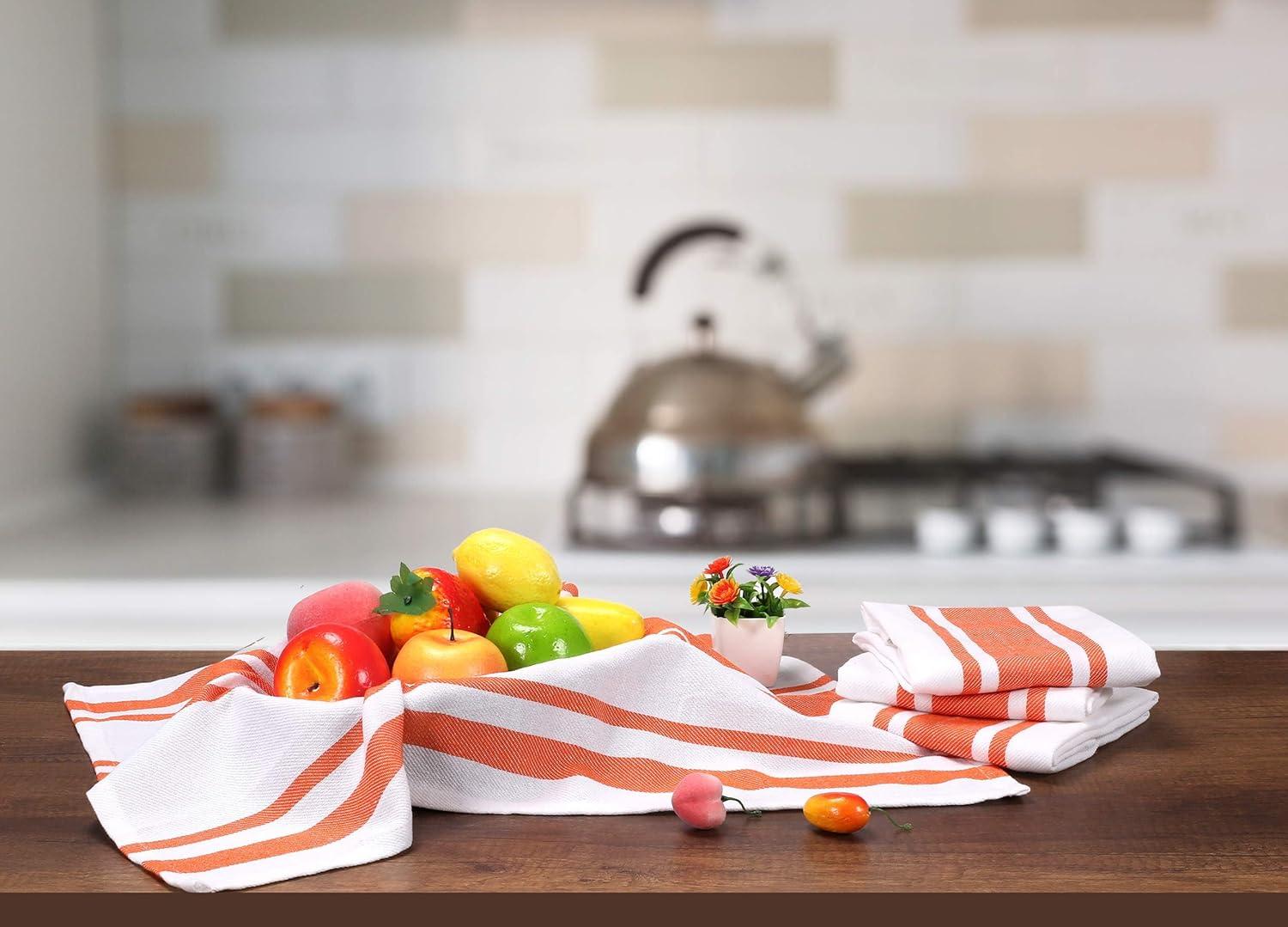 Heavy Duty Orange and White Cotton Kitchen Towels Set of 6