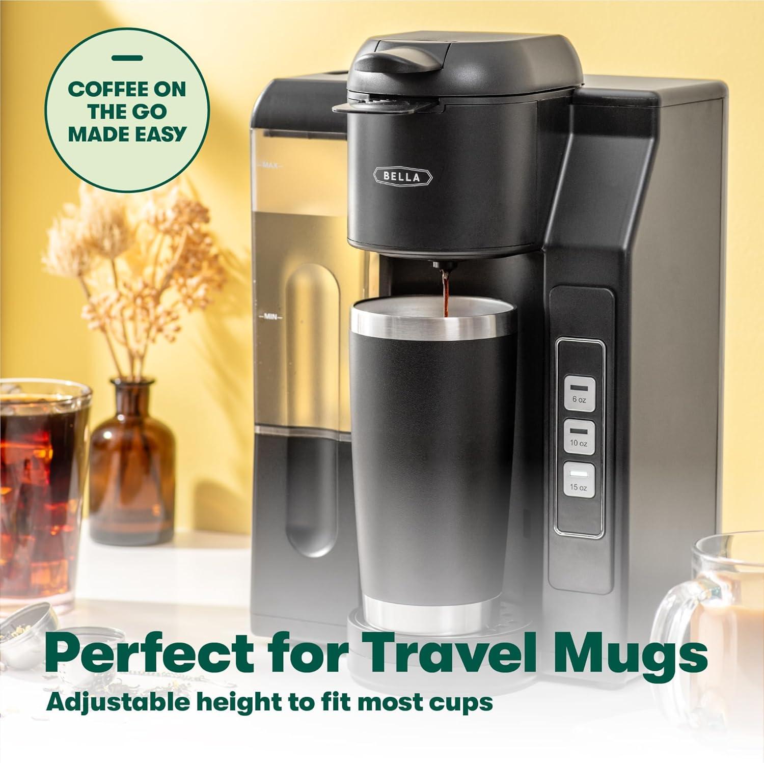 BELLA Single Serve Coffee Maker, Dual Brew K-Cup Pod or Ground Coffee Brewer, Large Removable Water Tank, Black