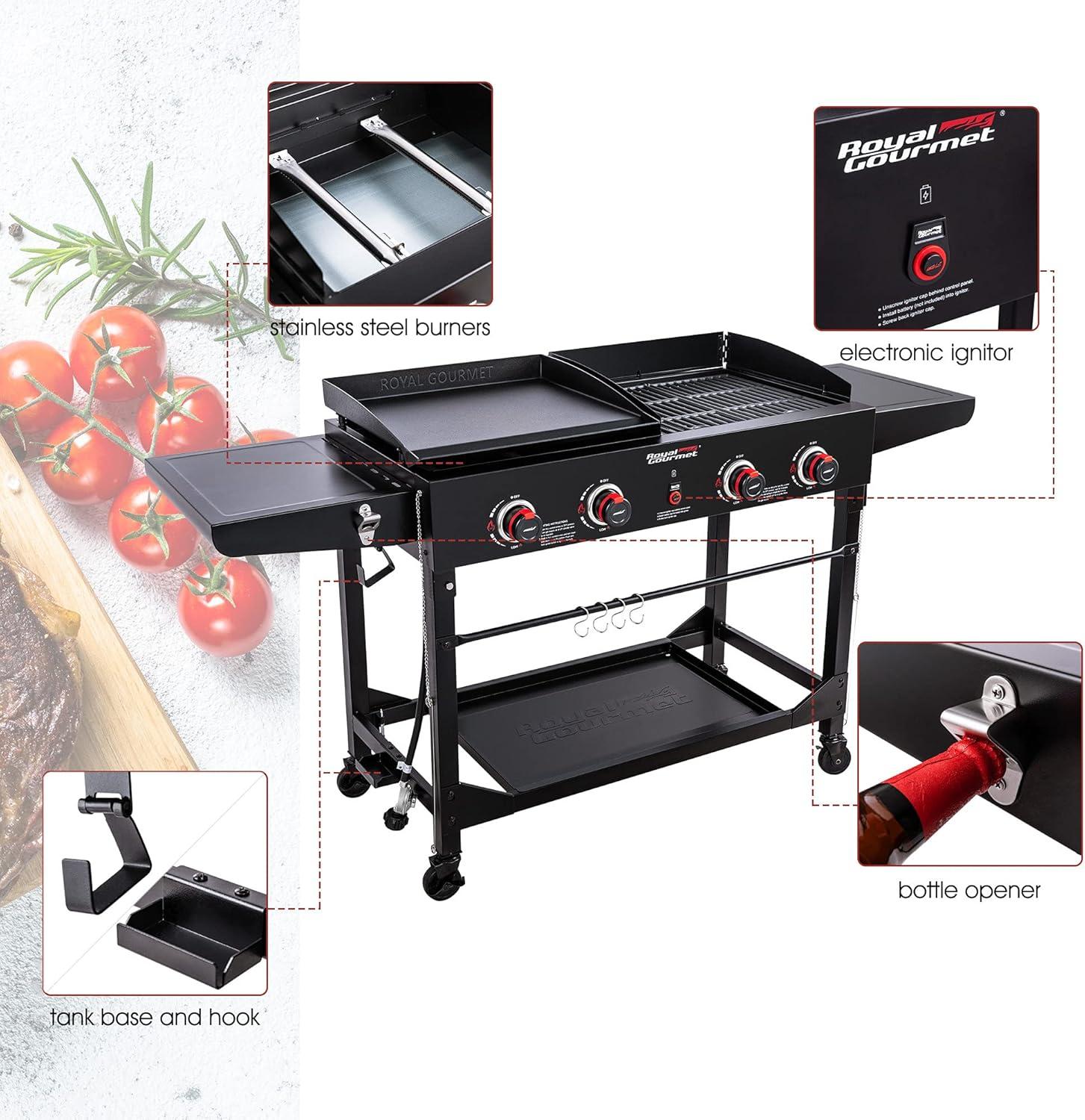 Royal Gourmet 4-Burner GD402 Portable Flat Top Gas Grill and Griddle Combo with Folding Legs, 48,000 BTU, Black