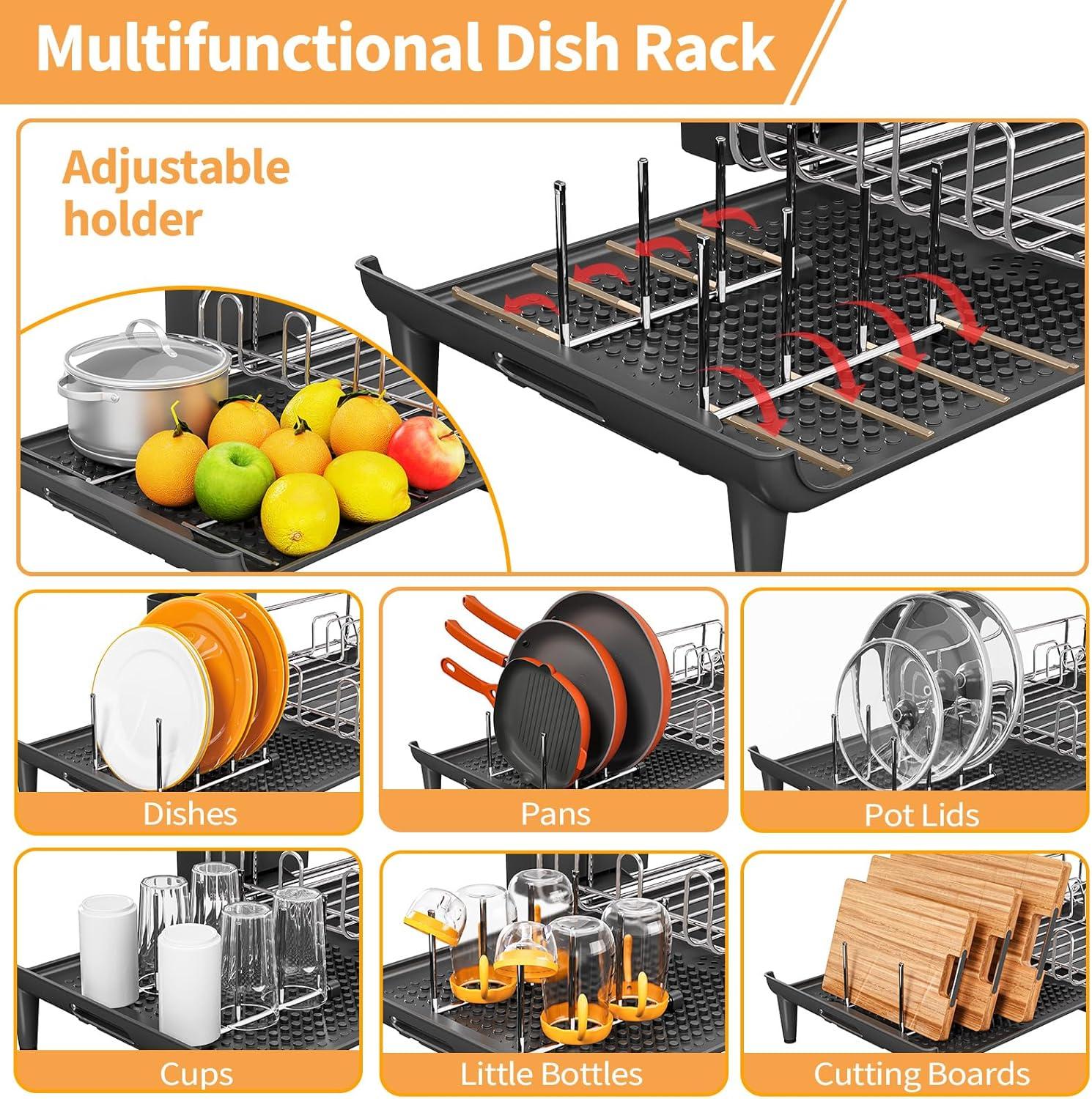 Expandable Dish Drying Rack for Kitchen Counter, 304 Stainless Steel Dish Rack, Multi-Function Dish Drainer, Large Dish Strainer with Cup Holder, Cutlery Holder, Extendable Large Size