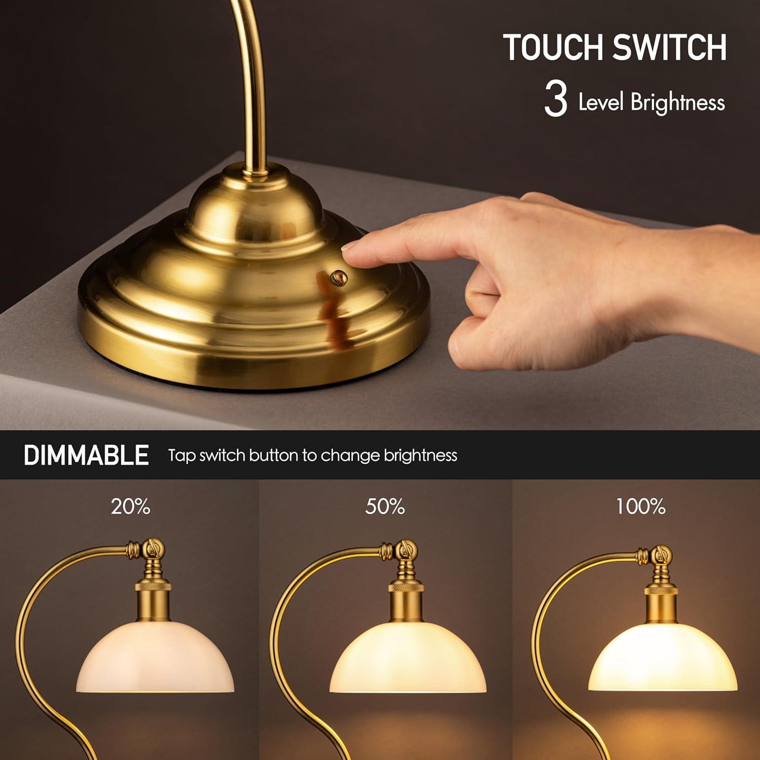 O'Bright Bankers - Cordless LED Table Lamp, Battery-Operated, Rechargeable, 3-Level Dimming, Universal USB-C Charging, 180° Swivel Head, White Jade Glass Shade, Antique Brass