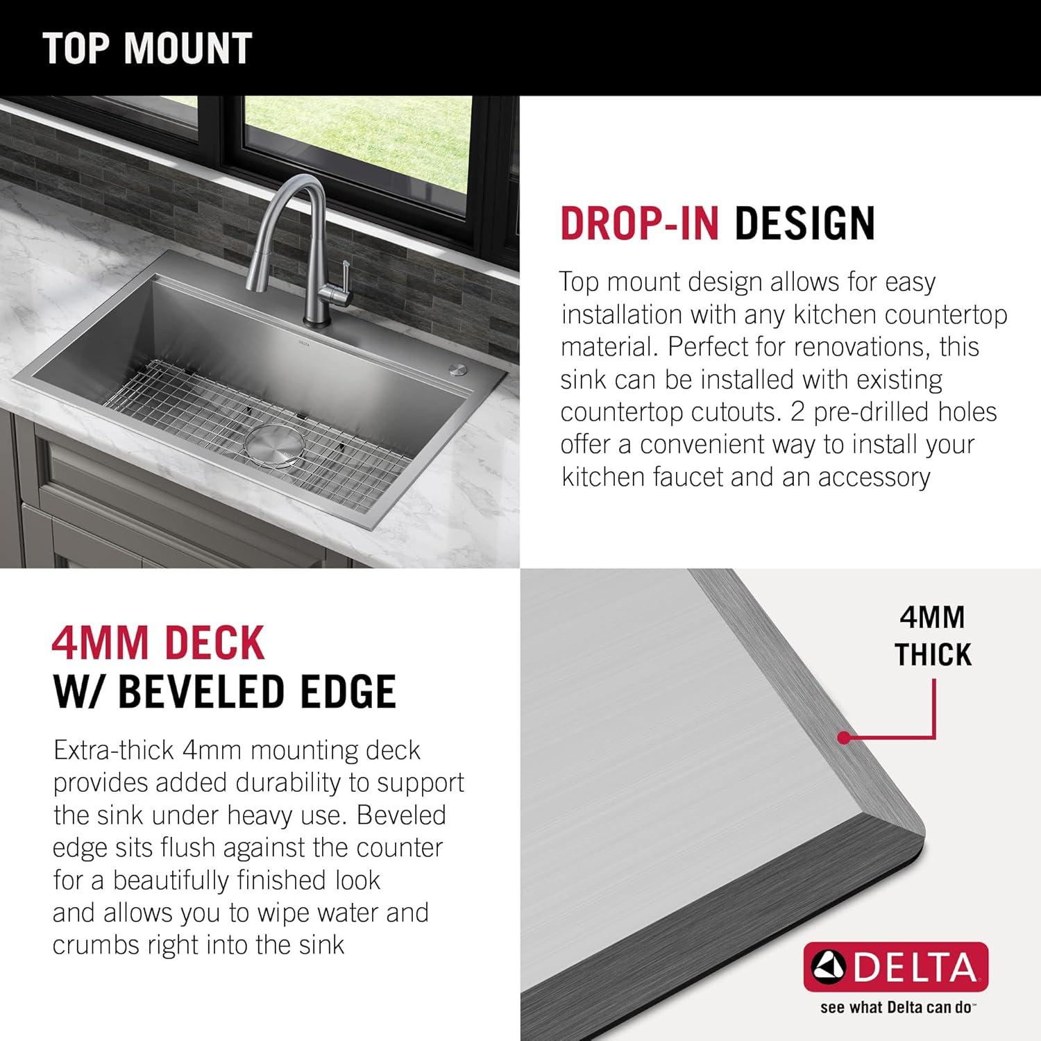 Delta Rivet™ 33" L Workstation Kitchen Sink Drop-In Top Mount 16 Gauge Stainless Steel Single Bowl