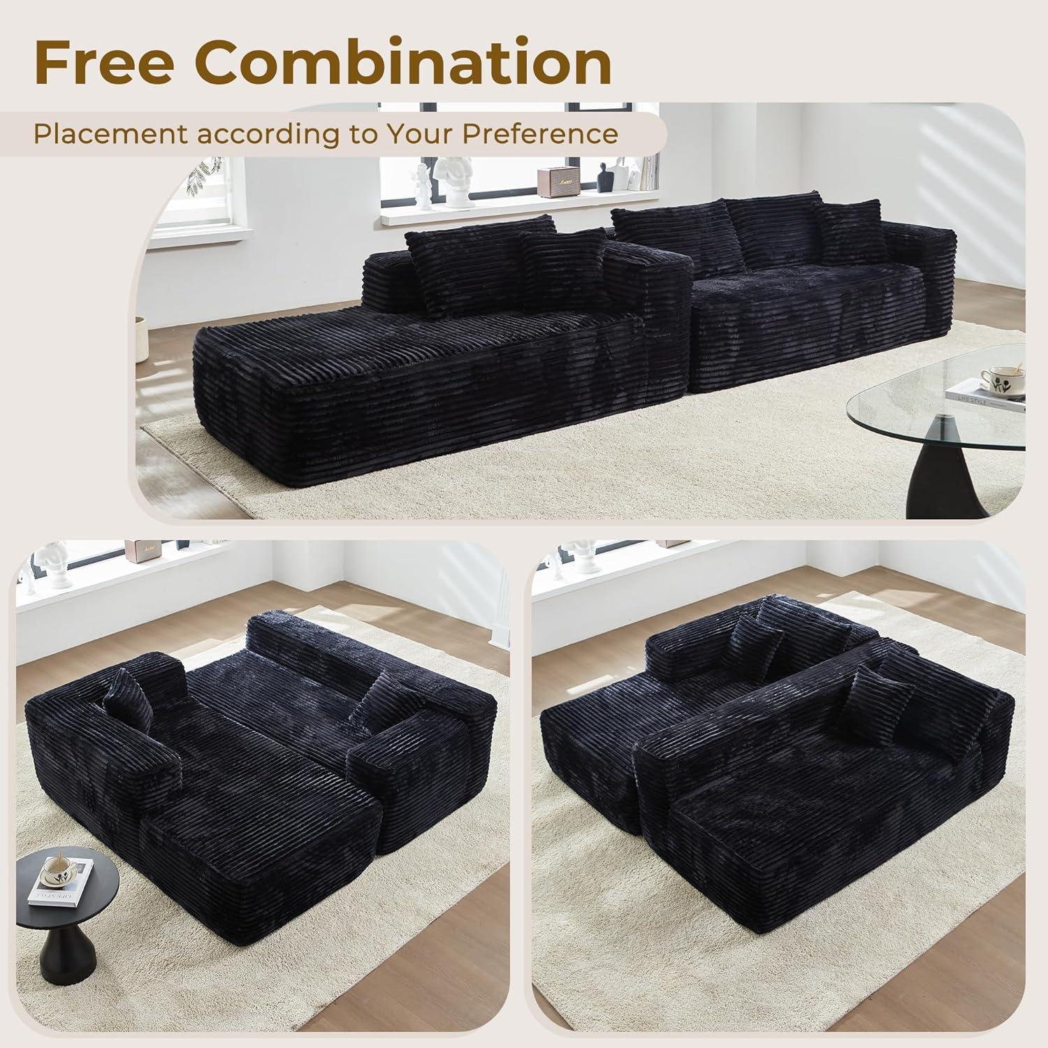 104" L-Shape Modular Sectional Sofa Couch - Comfy Upholstered Cloud Couches for Living Room - Modern Minimalist Couch,Deep Seat,No Assembly Required (Black,Plush Corduroy, Right Facing Chaise)
