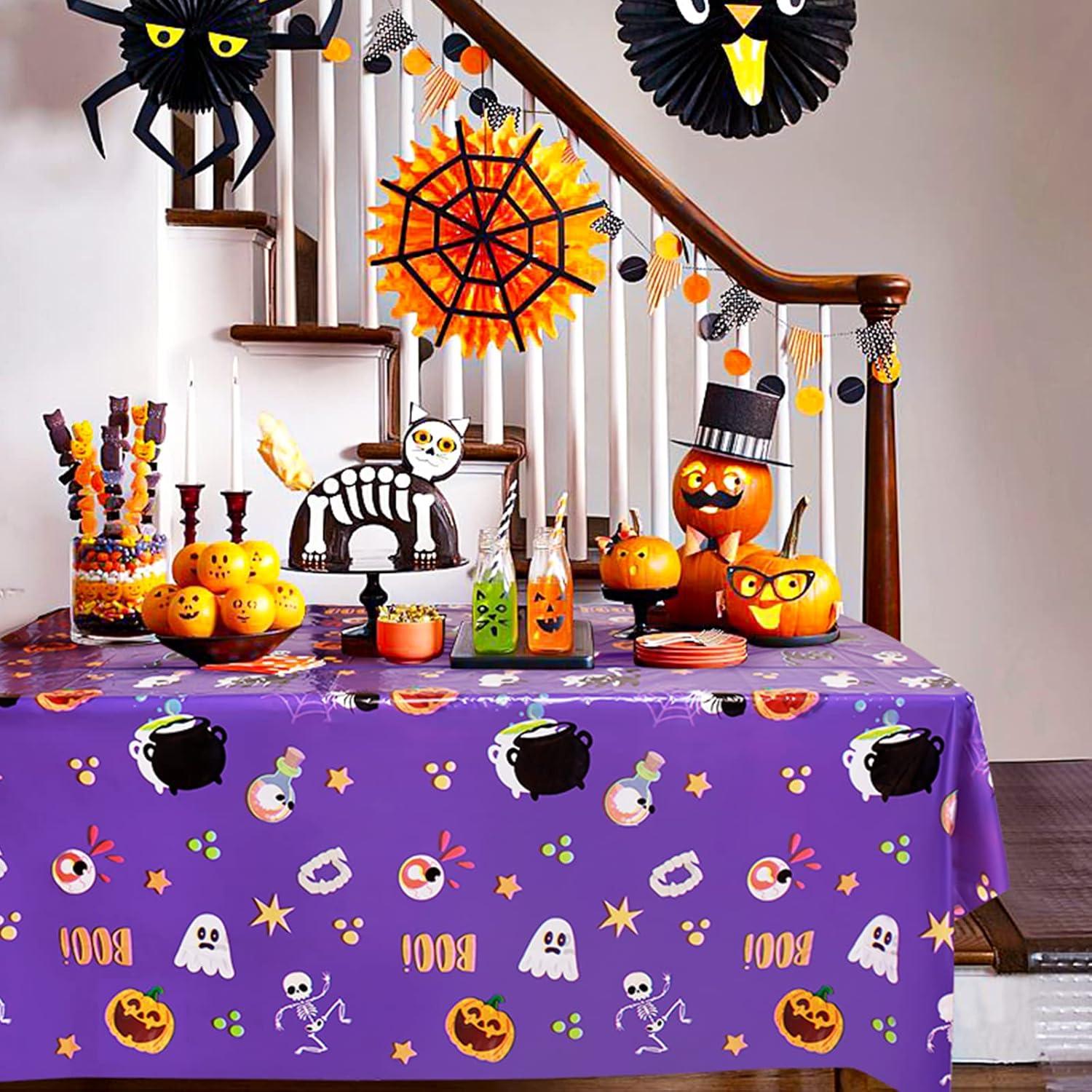 Juvale 3-Pack Halloween Table Cover for Party Supplies, Purple Disposable Plastic Tablecloth Decorations, Halloween Table Decorations for Themed Parties, Birthday Celebrations and More (54 x 108 In)