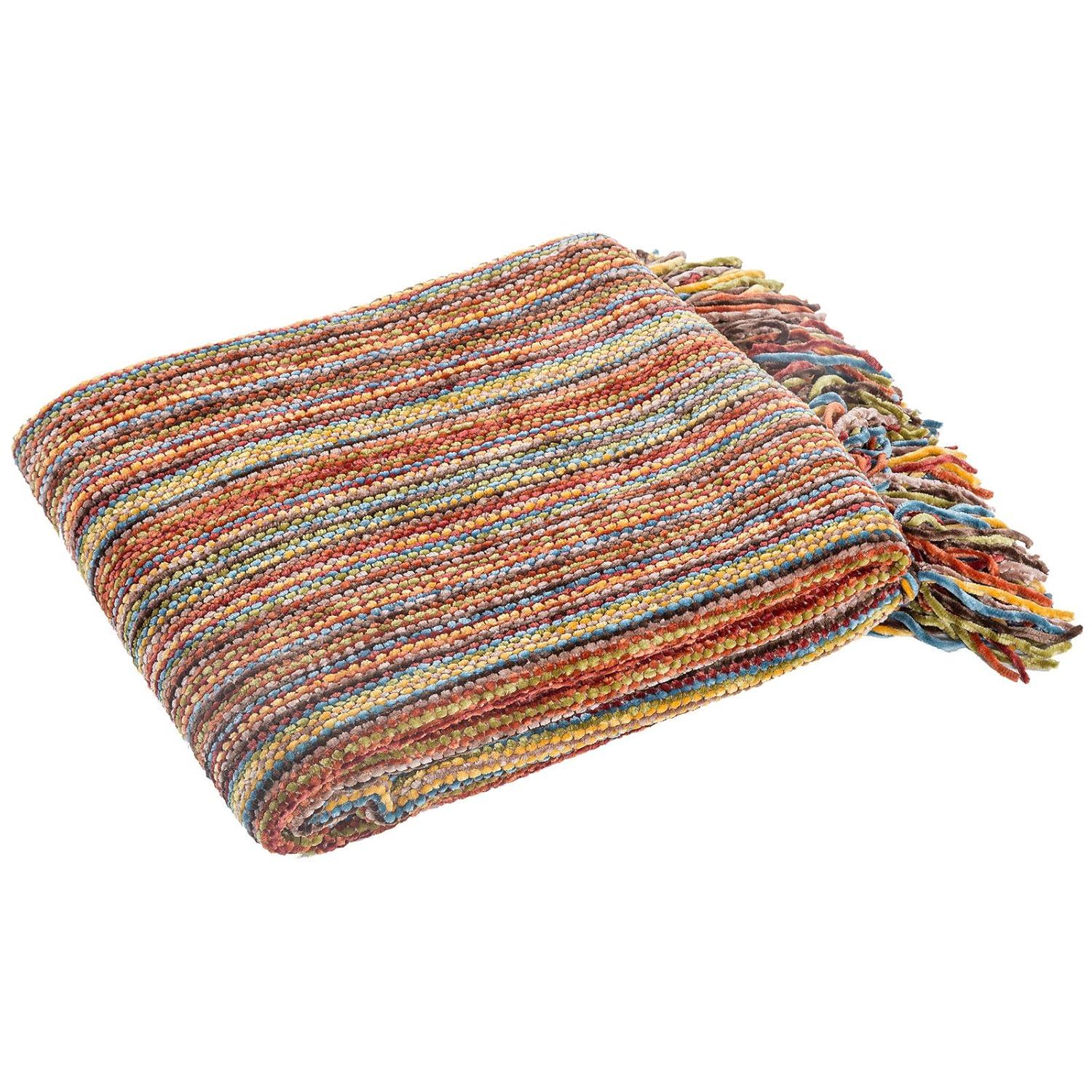 DECOMALL Decorative Throw Blanket with Fringe Soft Striped Multi Color Throws for Couch Sofa Armchair Bed 50”x 60” (Red Multi, 50”x 60”)