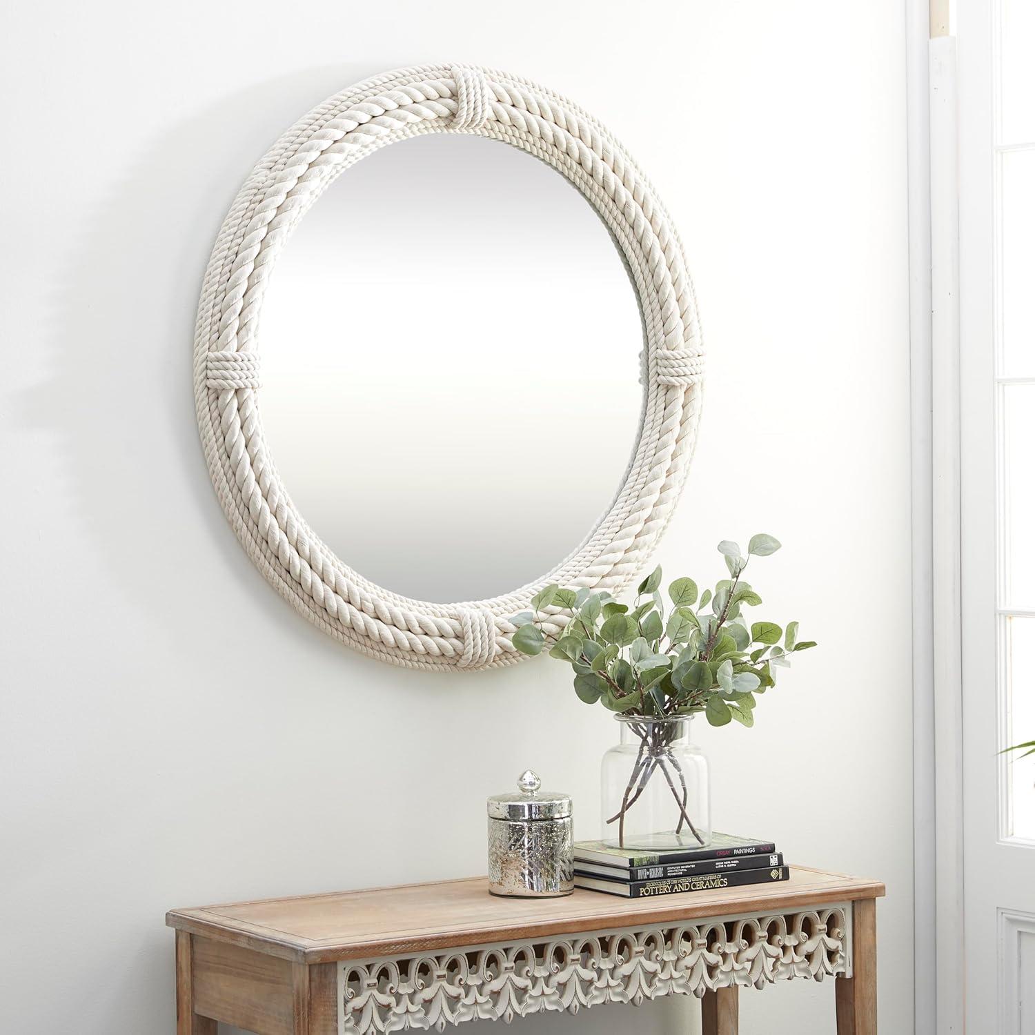 DecMode 36" x 36" White Coiled Rope Wall Mirror with Wrapped Rope Accents