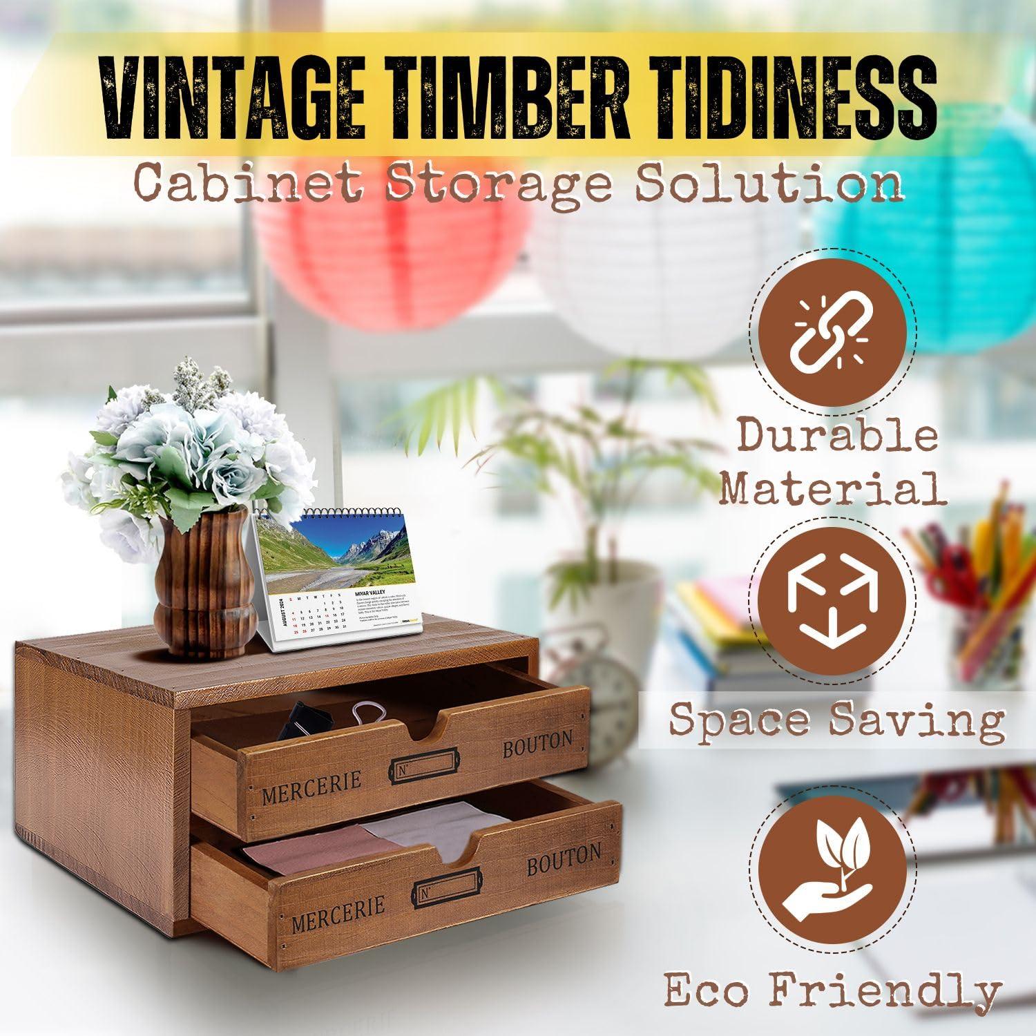 Wooden Desktop Office Supplies Organizer with 2 Storage Drawers Set, 2-Tier Wood Tabletop Cabinet, Countertop Desk Accessories Box, for Home Workspace Counter Vanity Decor Art Craft Tool Mail