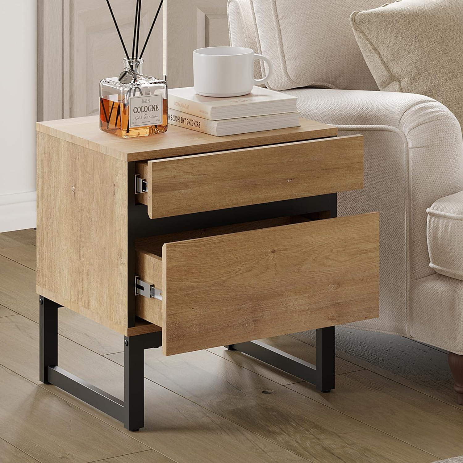 Oak and Black Iron Modern End Table with Storage Drawers