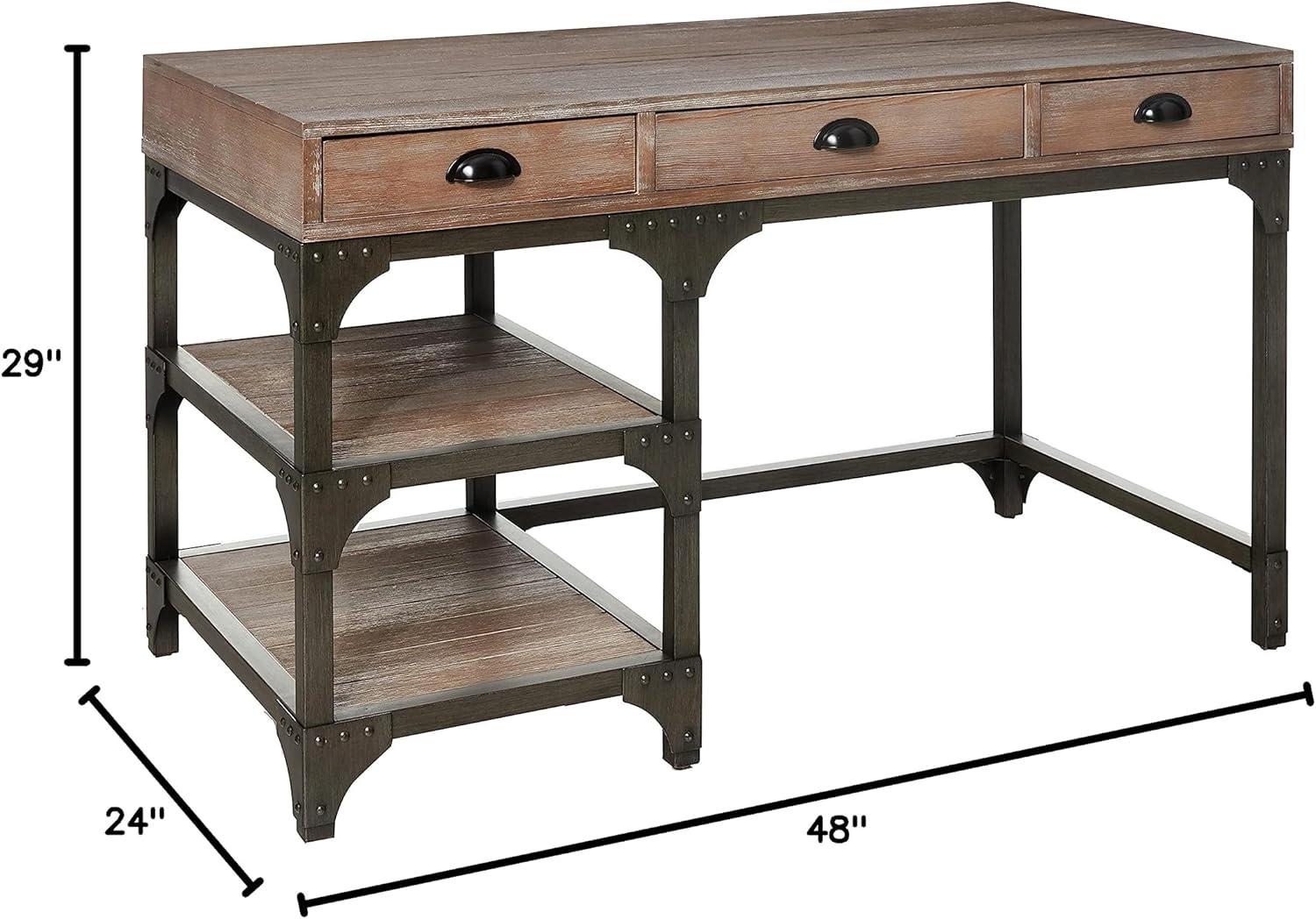 Wood And Metal Desk With Three Drawers And Two Side Shelves Oak Brown And Gray - Saltoro Sherpi