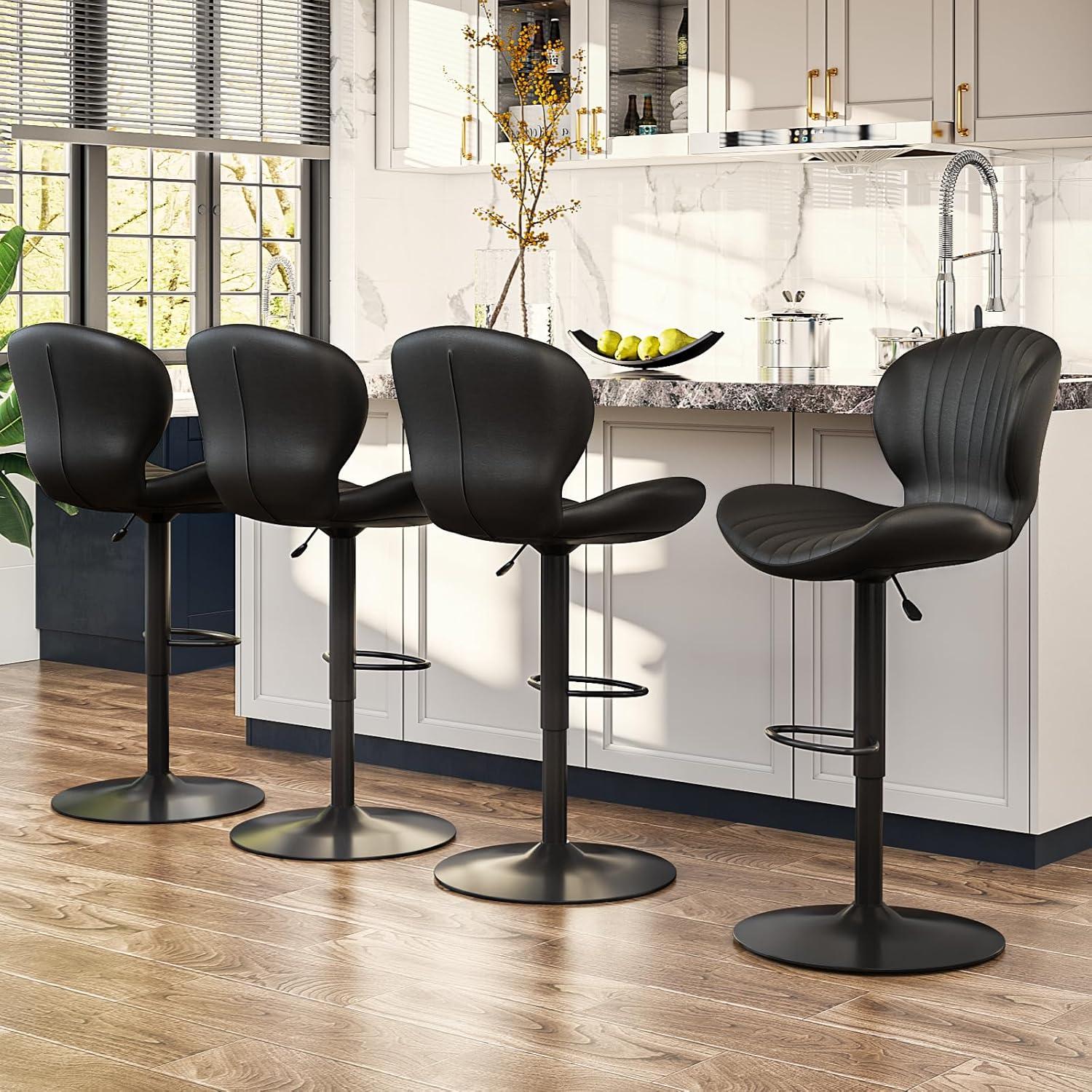 Black Faux Leather Adjustable Swivel Bar Stools Set of 2