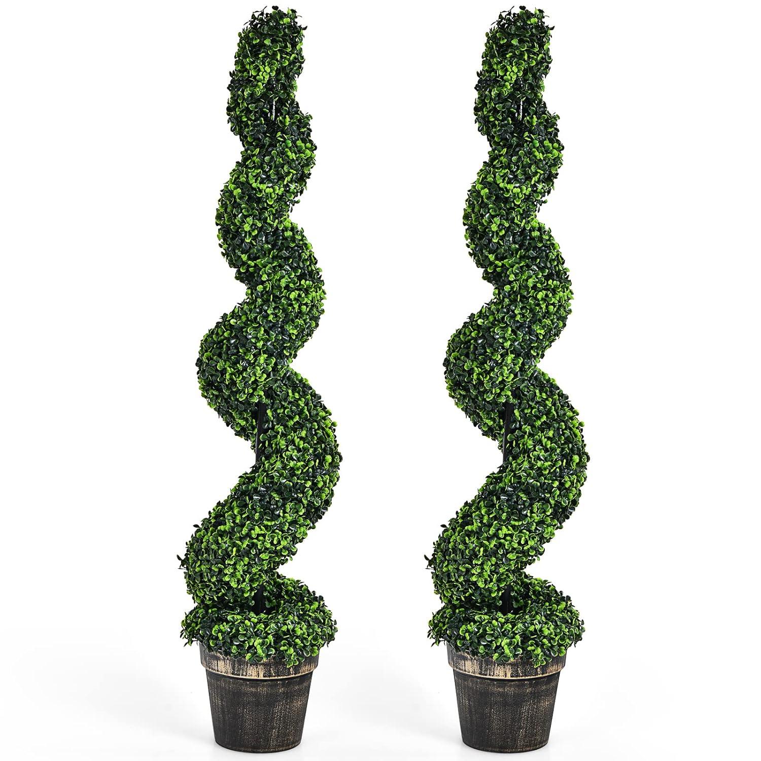 Goplus 4FT Artificial Spiral Boxwood Topiary Tree, 2 Pack Greenery Large Faux Plant in Cement-Filled Plastic Pot, Tall Fake Plant for Indoor Outdoor Home Front Porch Decor