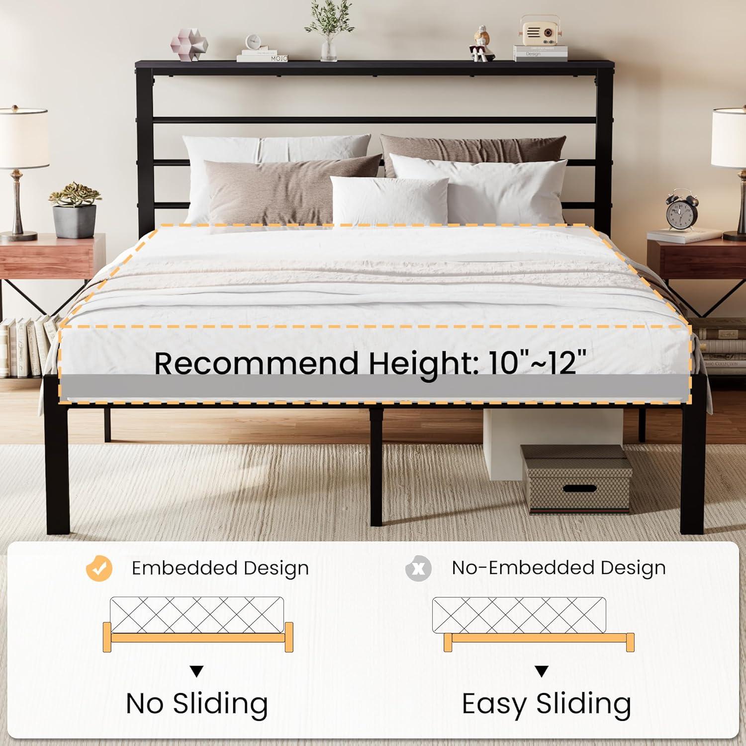 Killeryuki Queen Size Bed Frame with Headboard Shelf, Heavy Duty Platform Bed Frame with Strong Metal Foundation, No Box Spring Needed, Black