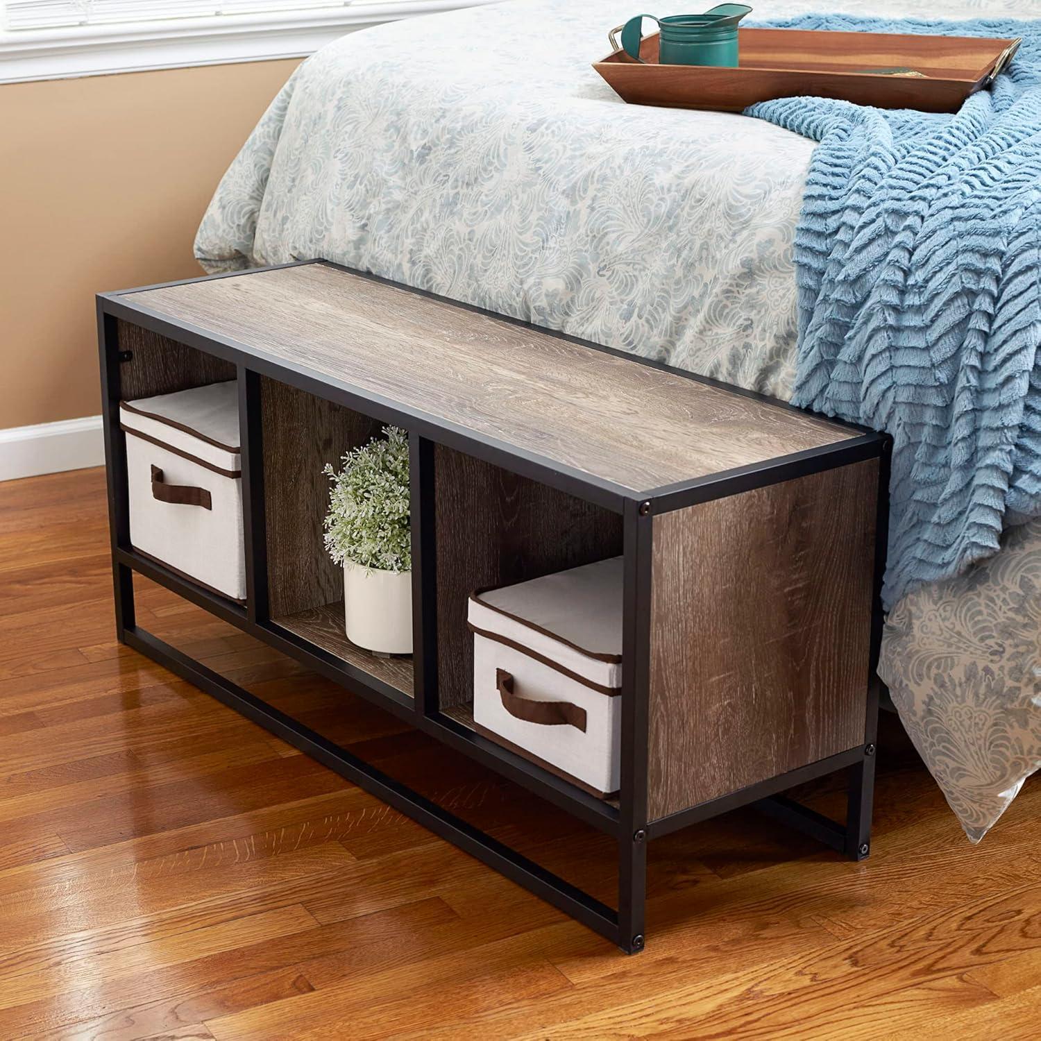 Household Essentials Jamestown TV Stand Coffee Table with Square Cube Storage Compartments Ashwood Rustic Wood Grain and Black Metal