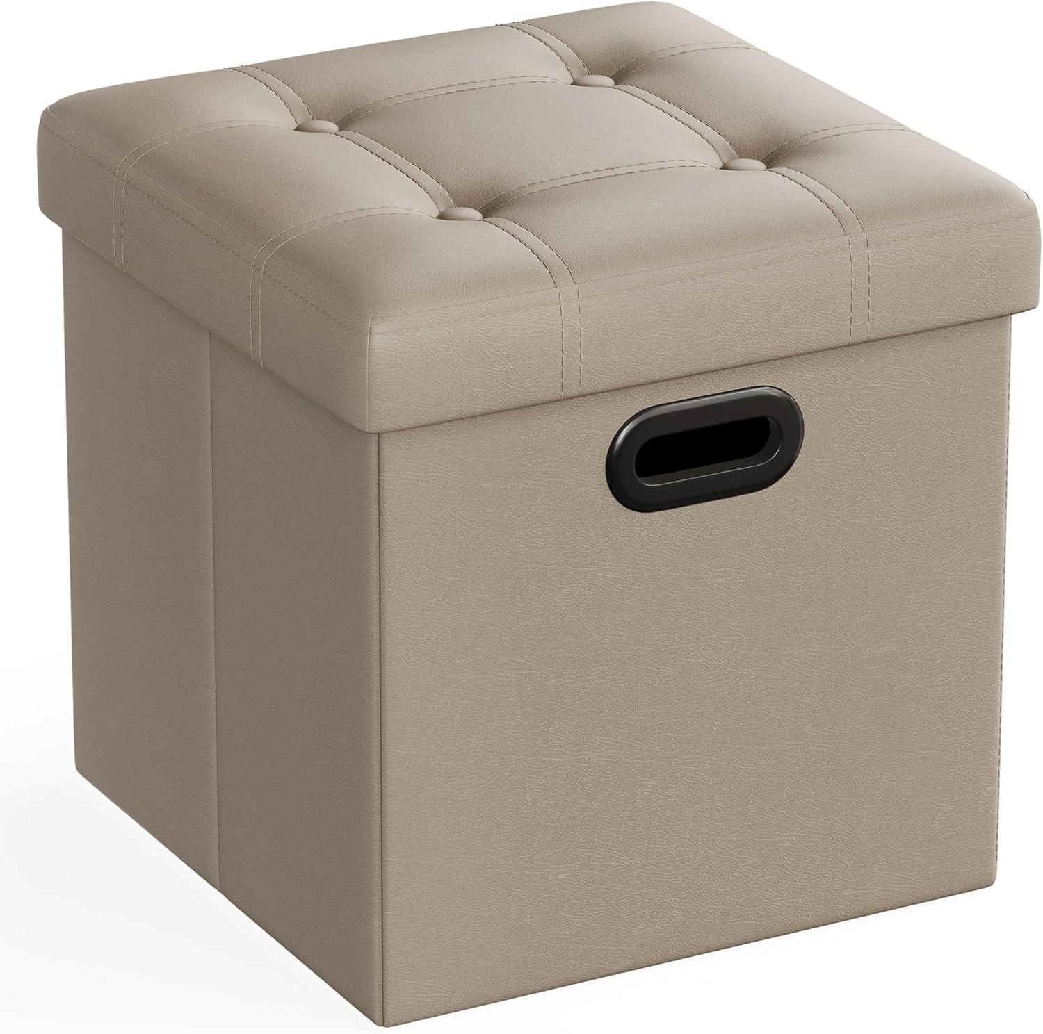 Brown Faux Leather Storage Ottoman with Handles, 15-inch