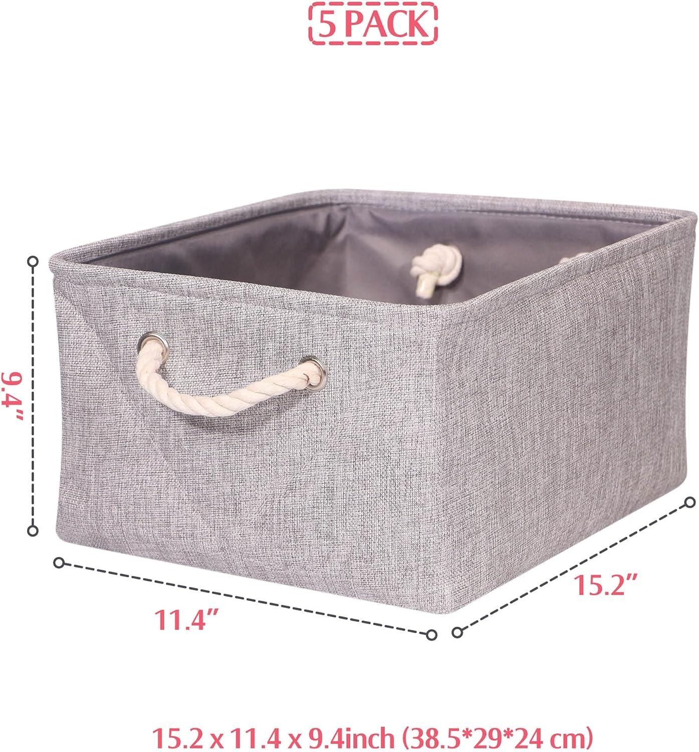 5 Pack Large Storage Basket Bin, Foldable Storage Cube Box Canvas Fabric Collapsible Organizer with Handles for Closet Home Office Clothes Shelf, Grey