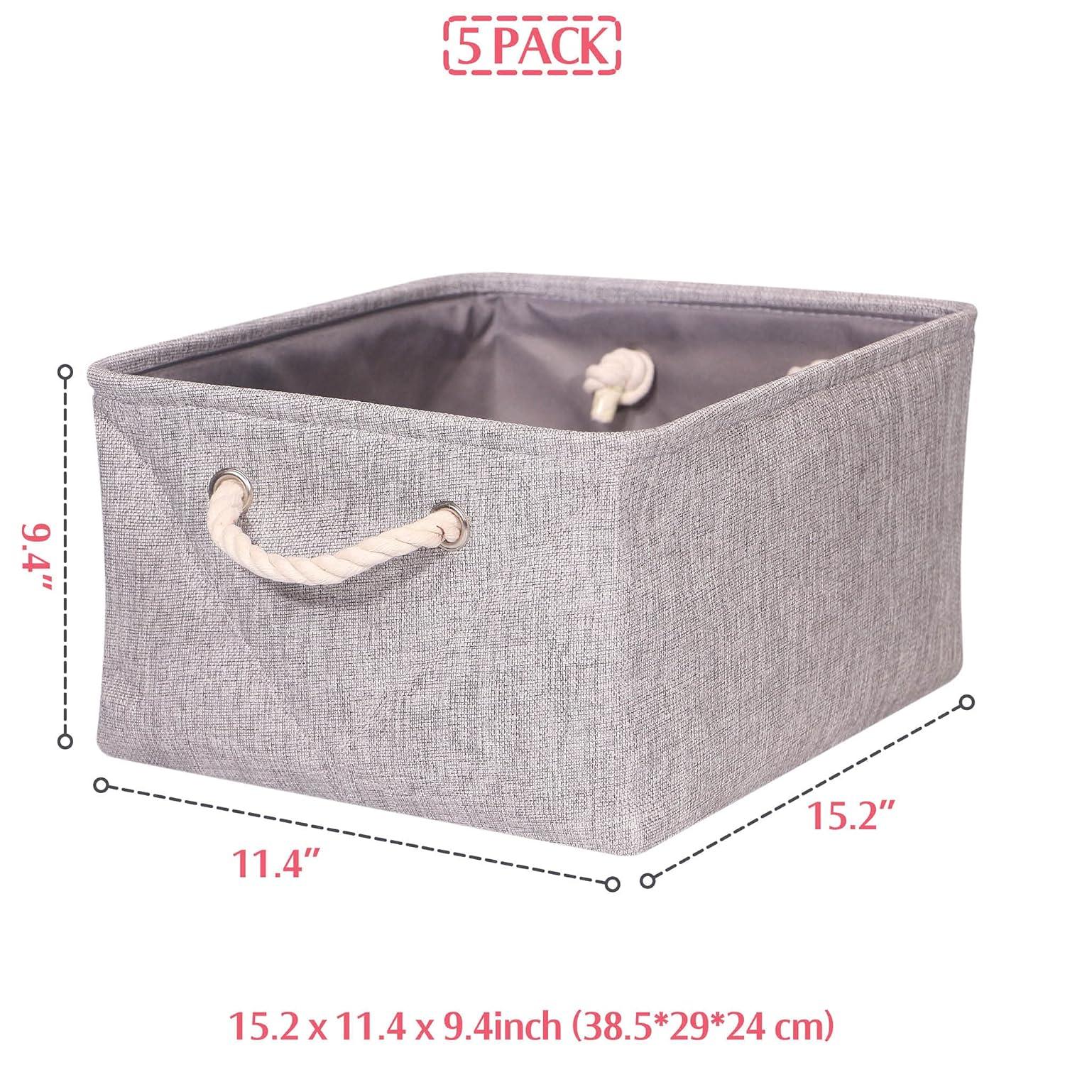 5 Pack Large Storage Basket Bin, Foldable Storage Cube Box Canvas Fabric Collapsible Organizer with Handles for Closet Home Office Clothes Shelf, Grey